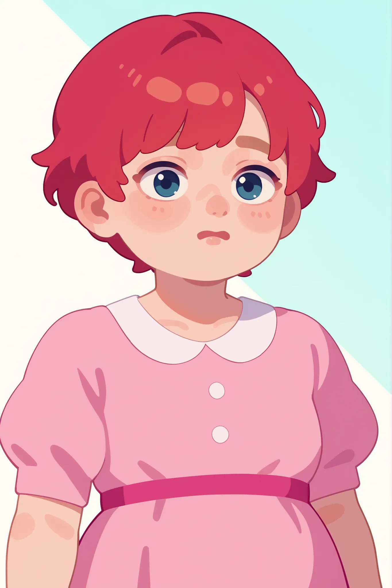 Flat cartoon, 1girl, anime, Young girl, chubby body, red-haired, short hair, using pink dress, nervous expression, looking behind shoulder, face close up