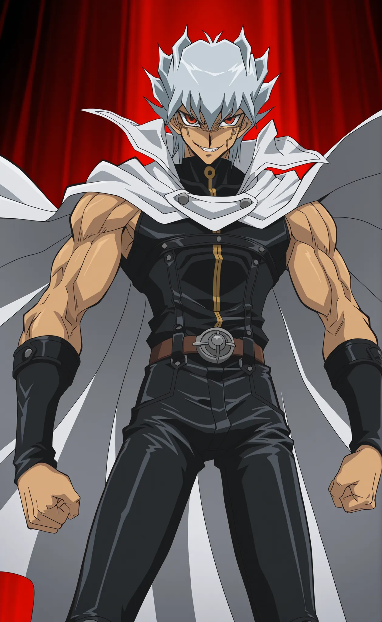 1male,solo,Ryuga,silver hair,short hair,amber eyes,evil grin,black toptank,leather pants,white cape,muscle,Yugioh 5Ds Style