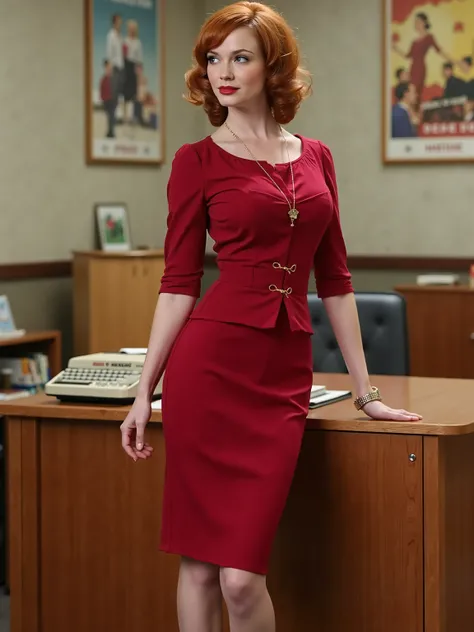 A pretty, elegant redhead with a classic 1950s hairstyle – soft waves. She's wearing a figure-hugging 1950s-style outfit, ideal for an office environment of that era.

The look consists of a high-waisted, tight pencil skirt that falls just above the knee i...
