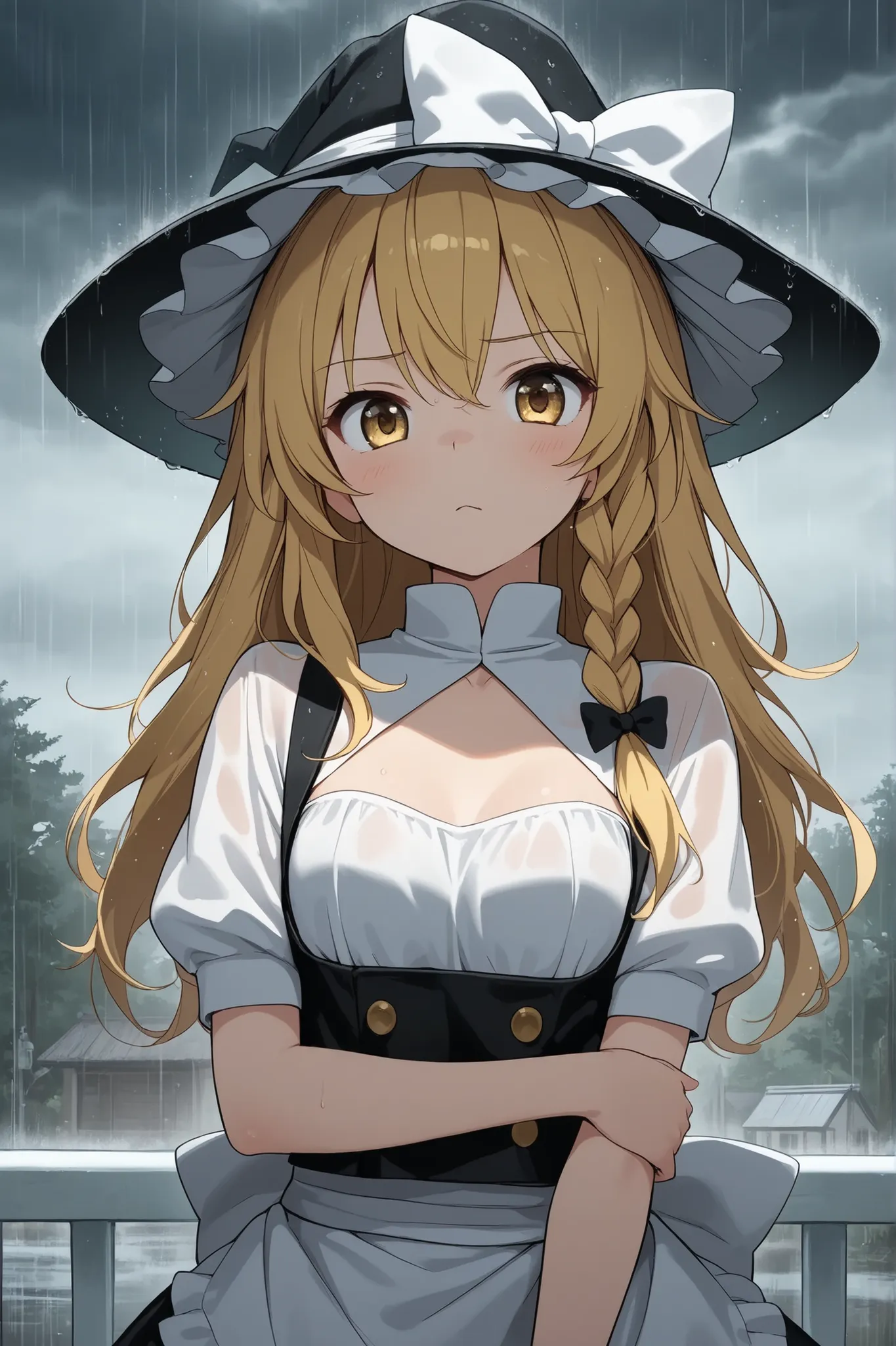 (Quality, 4k, A High Resolution, Masterpiece), Marisa Kirisame, blonde hair, long hair, side braid, golden eyes, stormy weather, watching the sky 