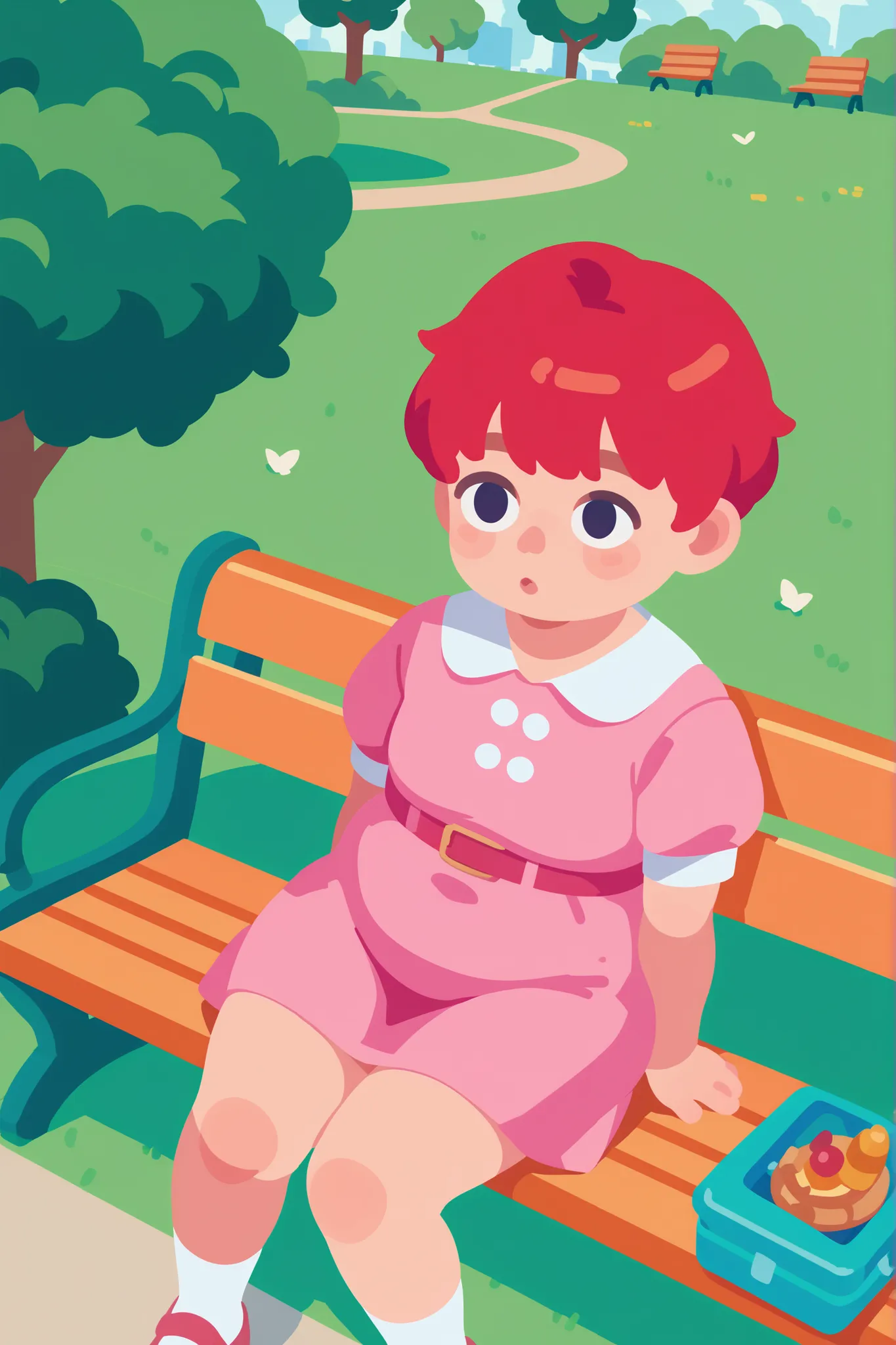 Flat cartoon, 1girl, anime, Young girl, chubby body, red-haired, short hair, using pink dress, sitting on a bench, in the park, distracted