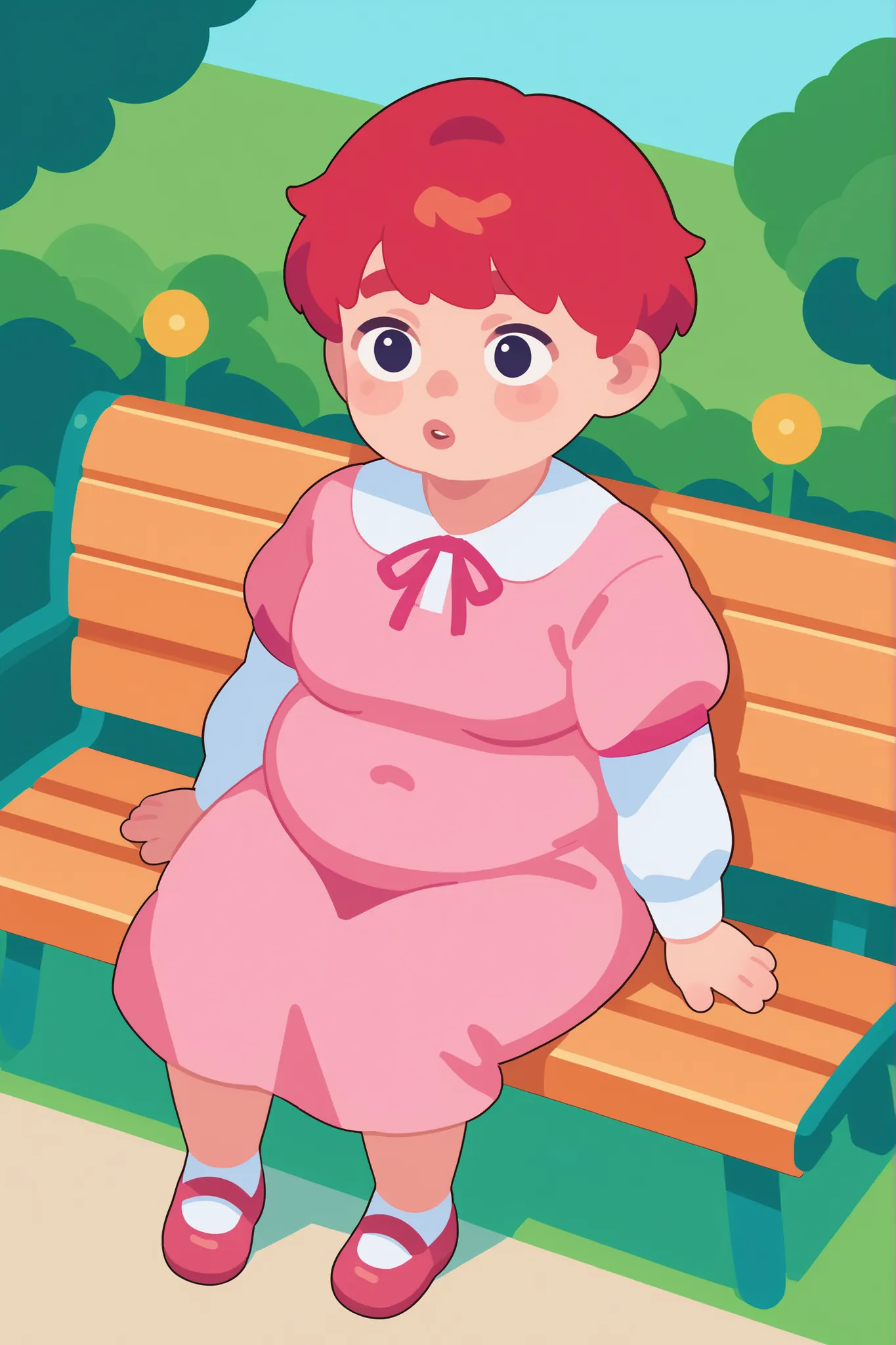 Flat cartoon, 1girl, anime, Young girl, chubby body, red-haired, short hair, using pink dress, sitting on a bench, in the park, distracted