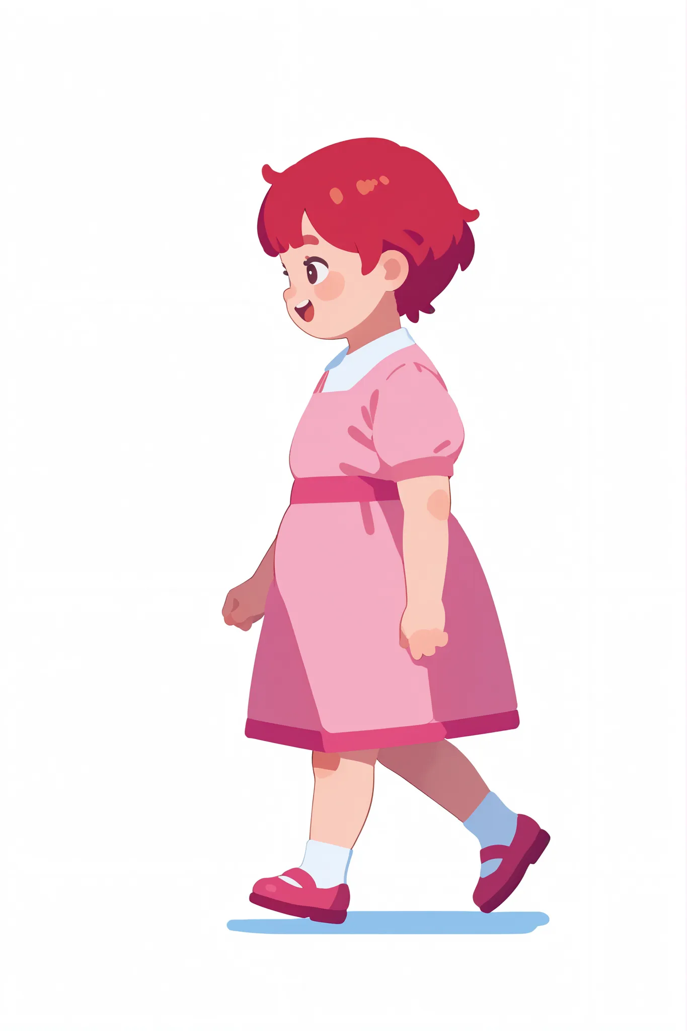 flat cartoon, 1girl, anime, Young girl, chubby body, red-haired, short hair, using pink dress, happy expression, walking, side view, full body, white background
