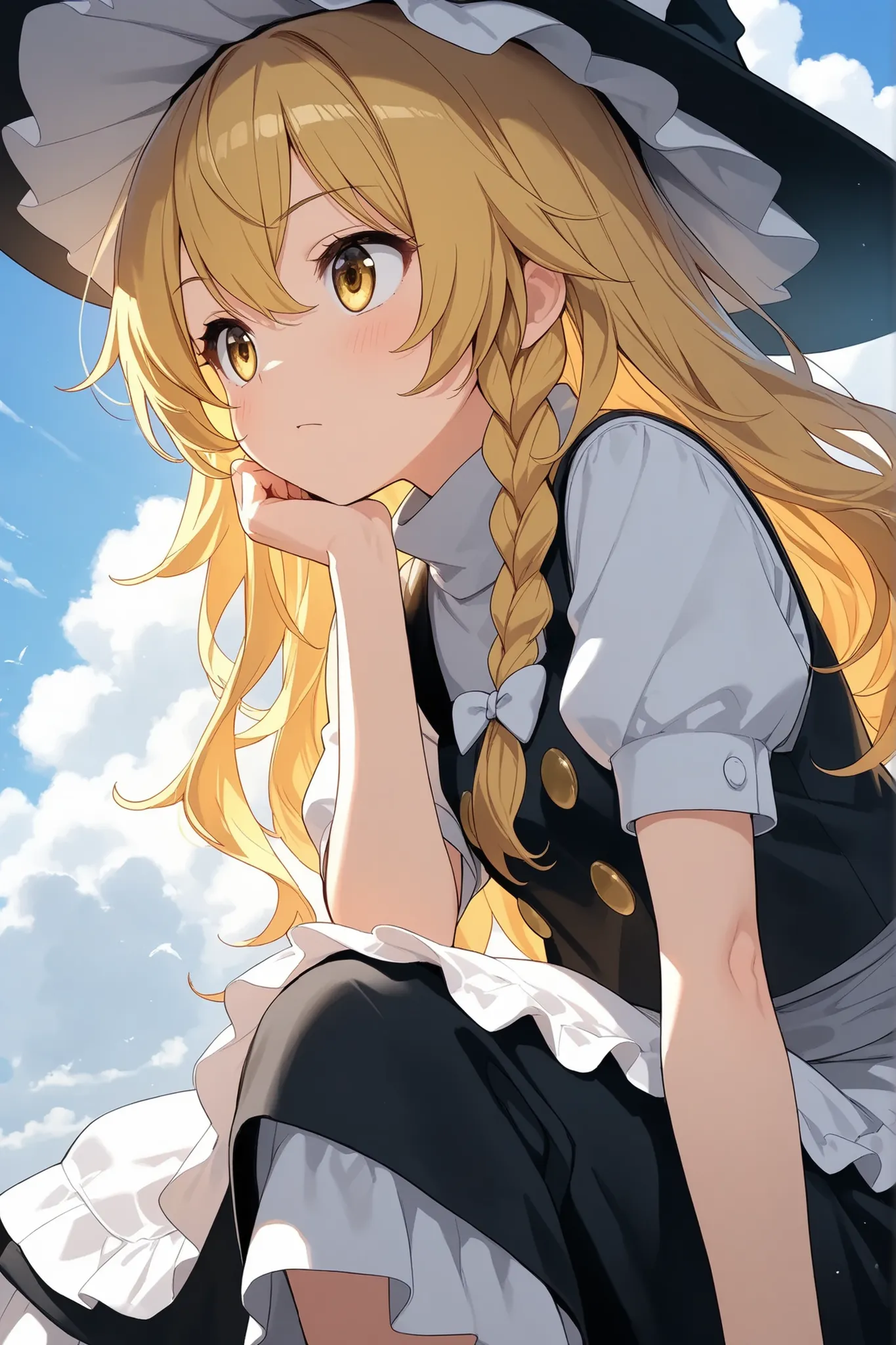 (Quality, 4k, A High Resolution, Masterpiece), Marisa Kirisame, blonde hair, long hair, side braid, golden eyes, watching a cloudy sky 