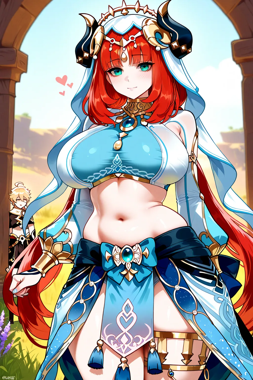Nilou,PAWG,Huge breast,huge hips,curvy body,genshin impact,Nilou, a character from Genshin Impact,hugging aether,aether little, wears a white and blue outfit inspired by traditional belly dance costumes and the culture of the Western Regions. Her outfit includes a cropped top, a low-waist skirt, and various golden and blue ornaments. She also wears a white veil with a gold laurel wreath and a heart-shaped tassel, adorned with lavender flowers. Her Hydro Vision is attached to a large blue band on the back of her skirt.,location meadow,