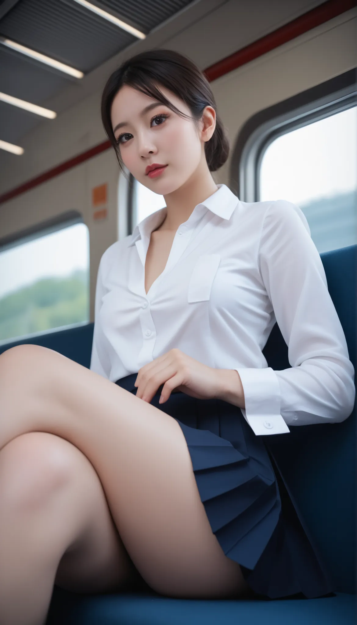 realistic ,Woman with realistic face , angle from below,The most beautiful faceの女性, perfect face,非常に Detailsな顔, wearing 1 denier black tights ,Thighs that adhere closely,Train seat, Anatomically Correct ,The most beautiful face,crossing legs,Woman sitting...