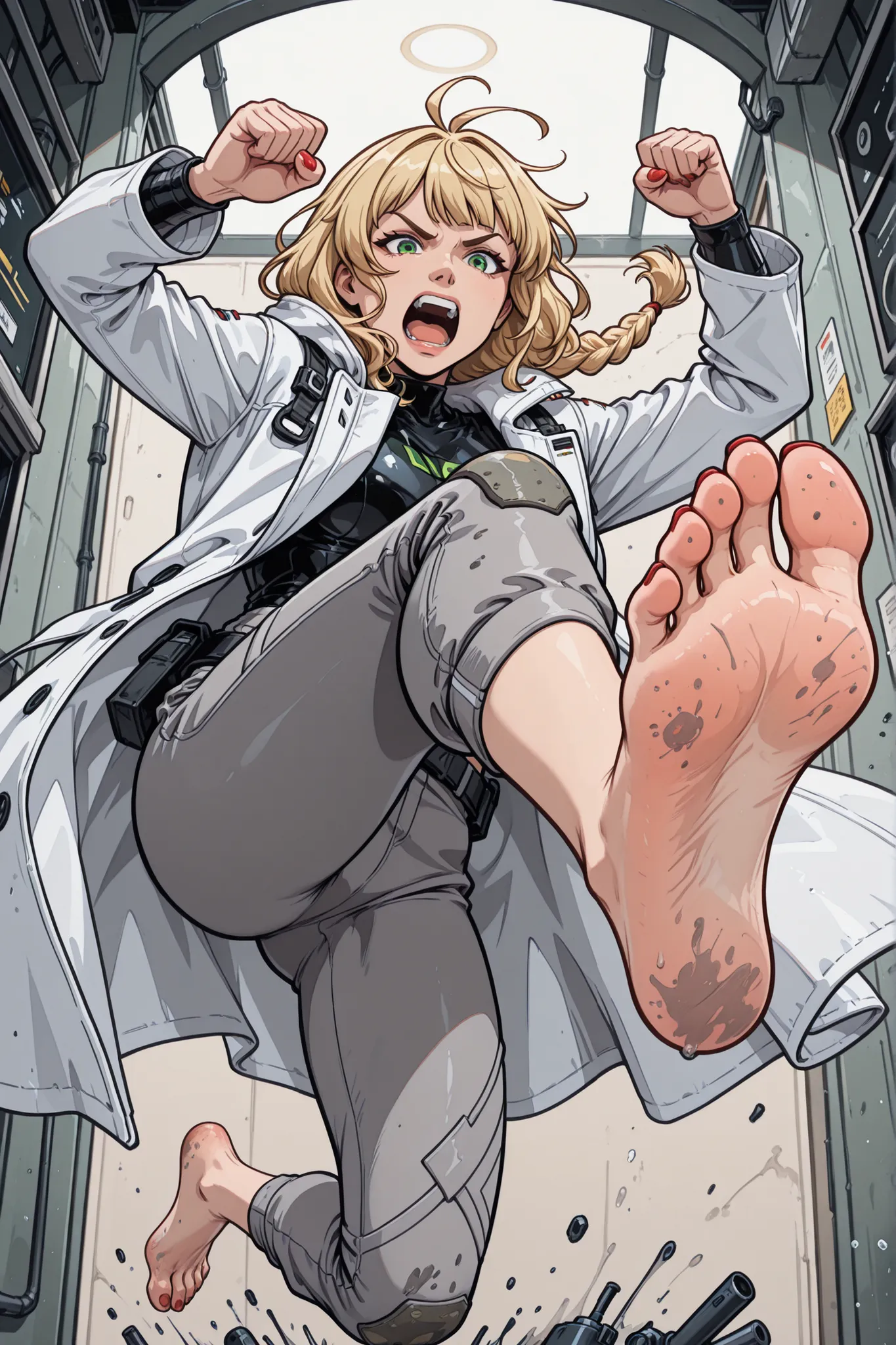 foot_focus, 1girl, blonde, single_braid, green_eyes, shouting, white_coat_lab, grey_sports_pants, barefoot, red_nails, soles, toes, dirty_feet, jumping, kicking, looking_at_viewer, indoor, drugstore