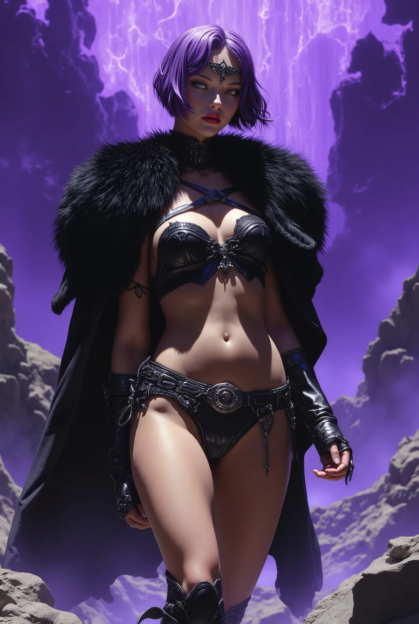 Masterpiece, 8K, UHD, photorealistic cinematic film still. A breathtakingly beautiful fantasy villainess, the epitome of seductive power and dark allure, striding forward with predatory grace and unshakable confidence. She possesses an exquisitely sculpted...
