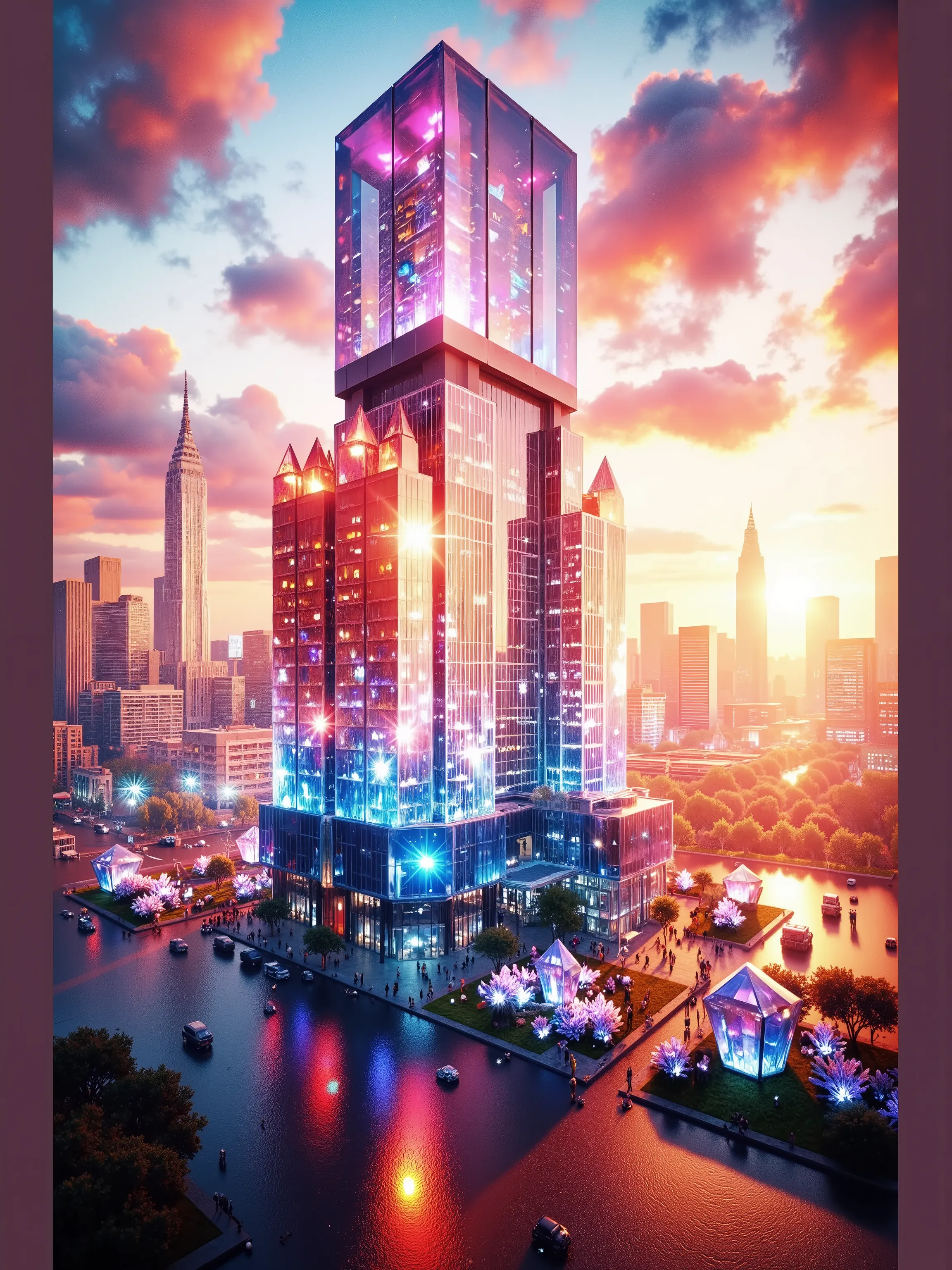A towering crystal structure glimmers majestically in the foreground, crafted from translucent purple and pink hues that catch the sunlight brilliantly. The design resembles a modern skyscraper, its sharp geometric lines and the extensive glassy surface re...