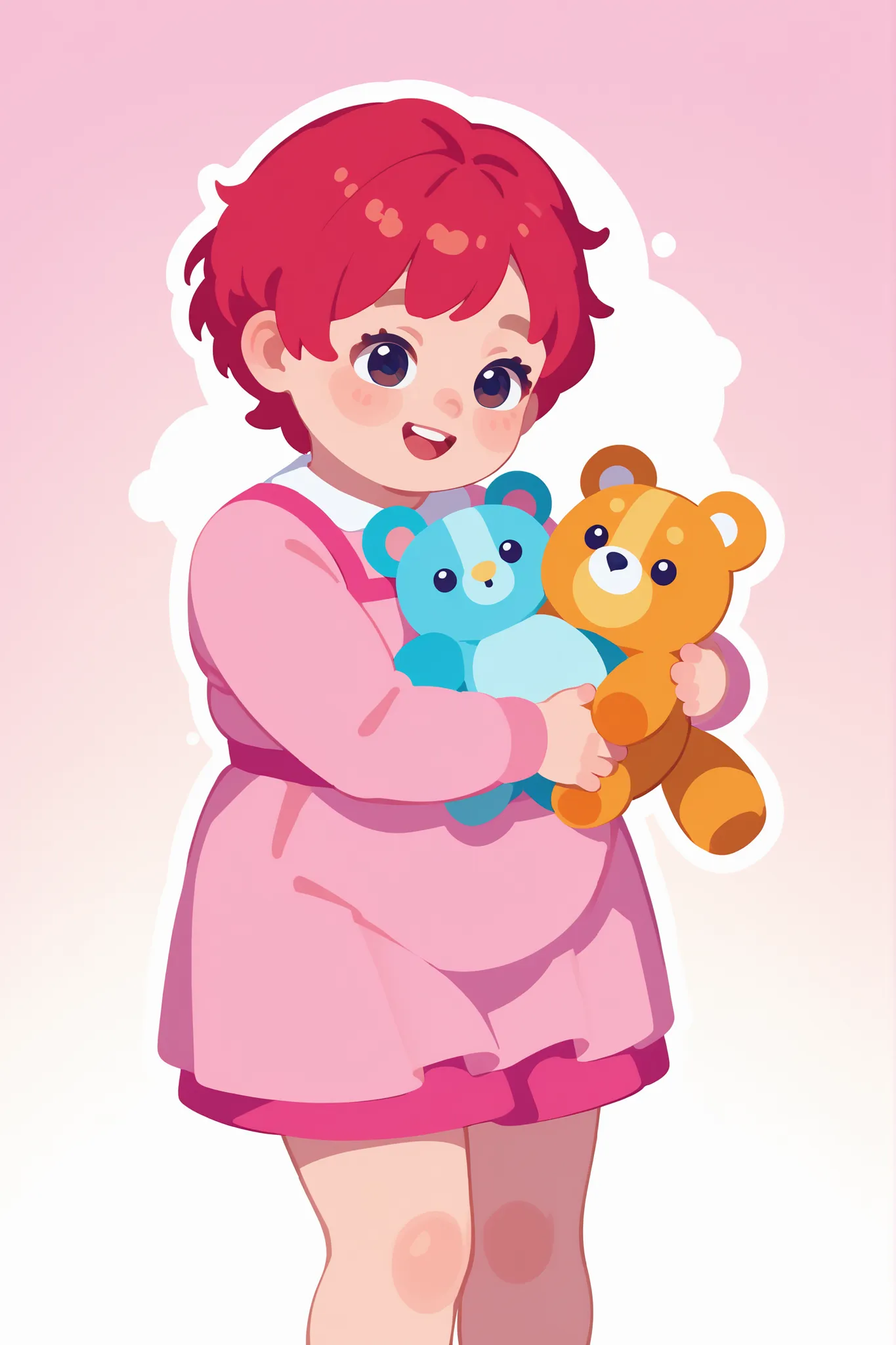 Flat cartoon, 1girl, anime, Young girl, chubby body, red-haired, short hair, using pink dress, cute expression, happy, hugging a cute stuffed animal, standing still