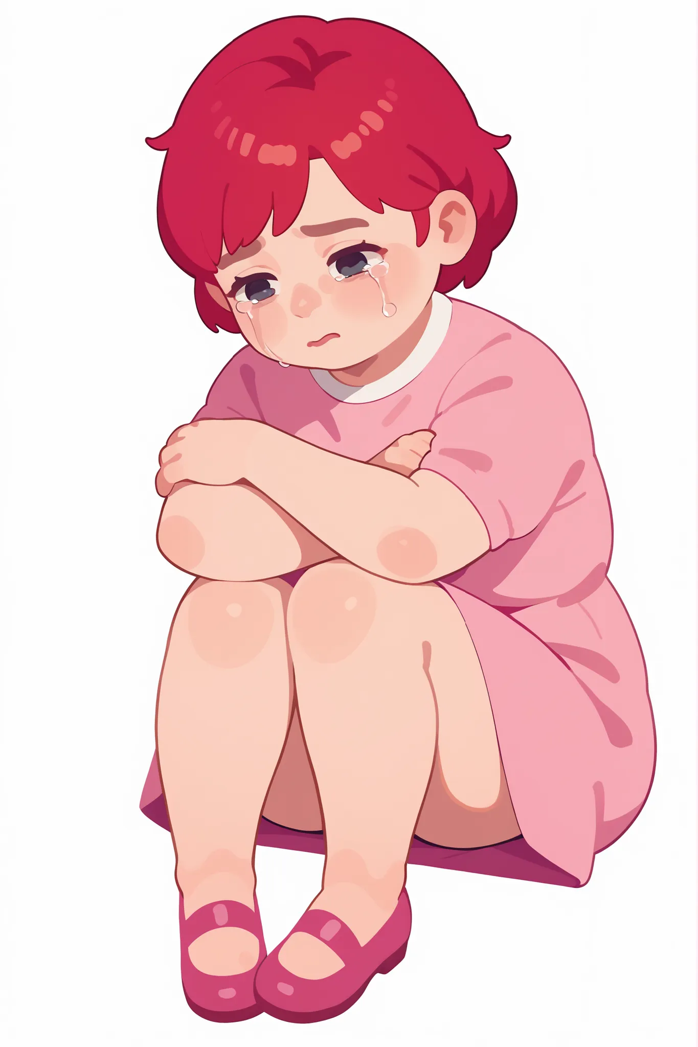 Flat cartoon, 1girl, anime, Young girl, chubby body, red-haired, short hair, using pink dress, troubled expression, sad, crying, hugging mother's leg