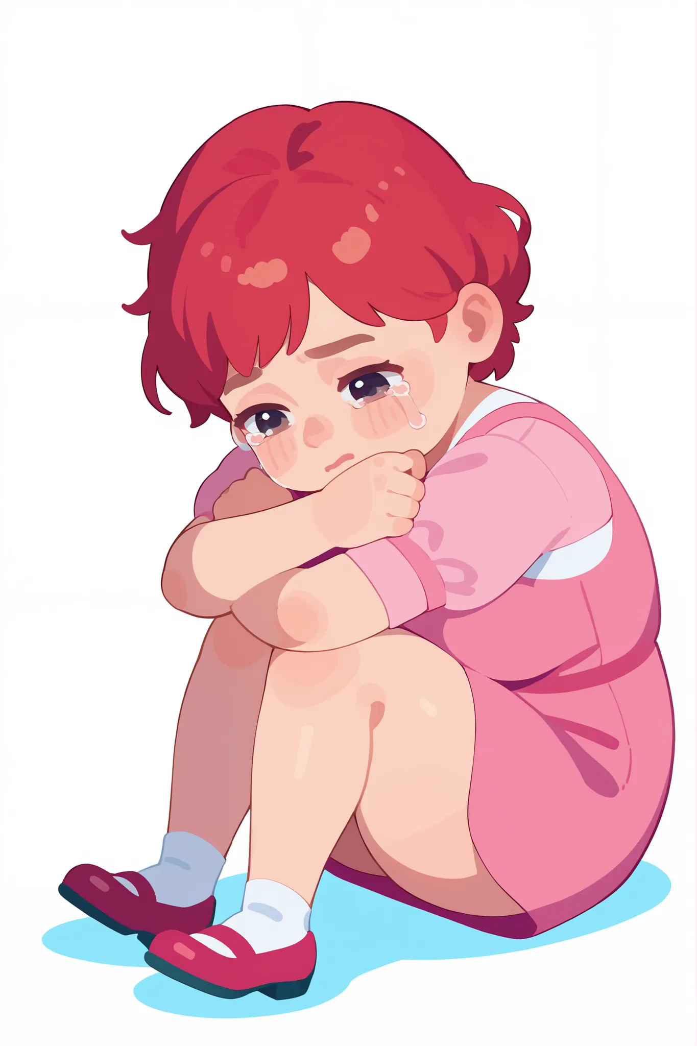 Flat cartoon, 1girl, anime, Young girl, chubby body, red-haired, short hair, using pink dress, troubled expression, sad, crying, hugging mother's leg