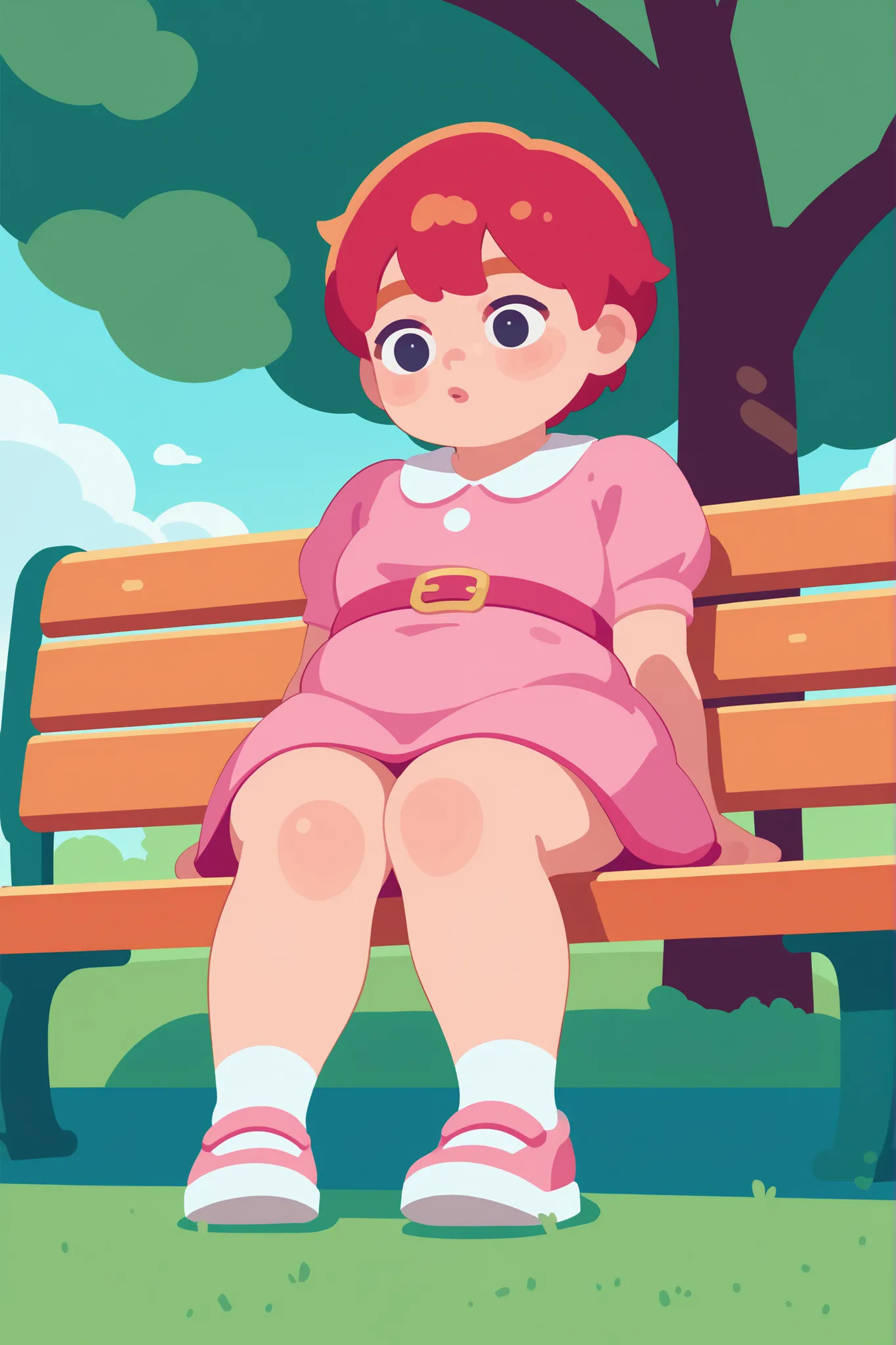 Flat cartoon, 1girl, anime, Young girl, chubby body, red-haired, short hair, using pink dress, sitting on a bench, in the park, distracted, view from below, showing between legs