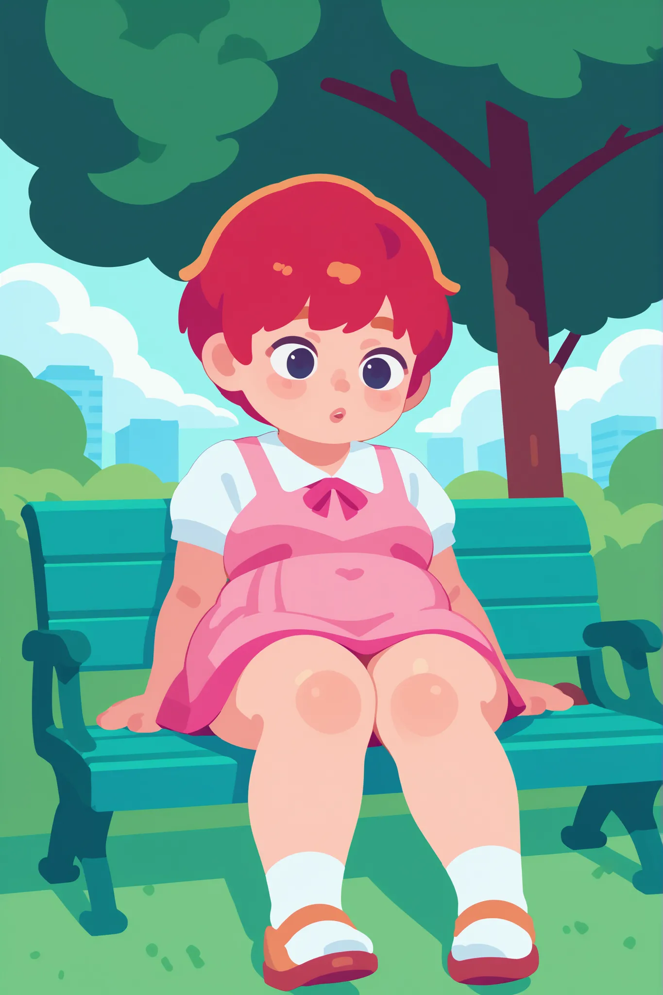 Flat cartoon, 1girl, anime, Young girl, chubby body, red-haired, short hair, using pink dress, sitting on a bench, in the park, distracted, view from below, showing between legs