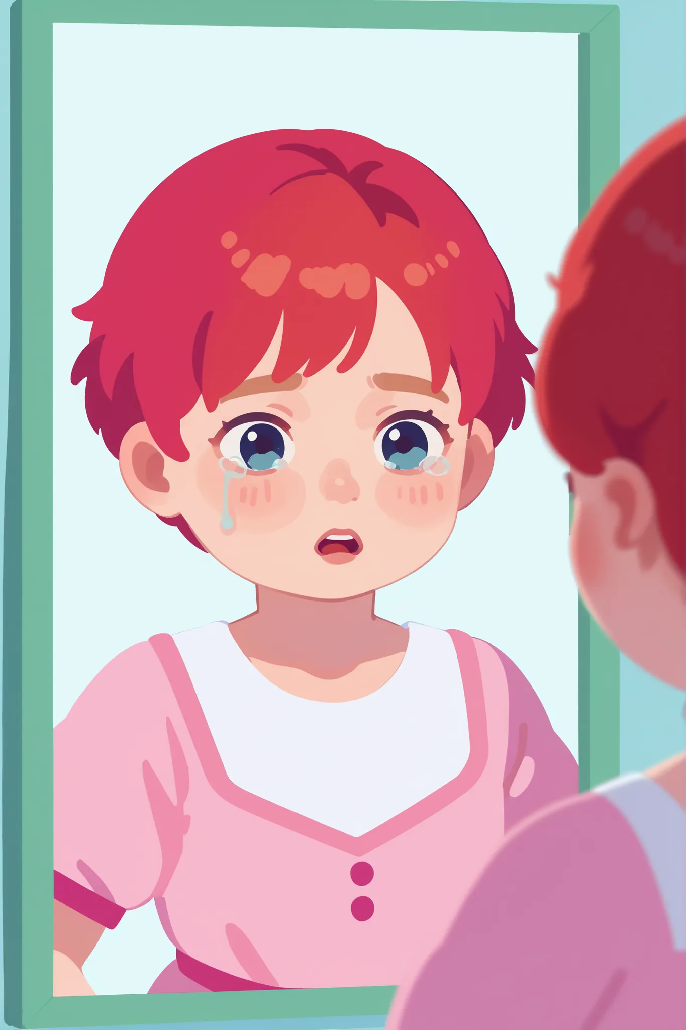Flat cartoon, 1girl, anime, Young girl, chubby body, red-haired, short hair, using pink dress, looking in the mirror, close up on the face, crying expression