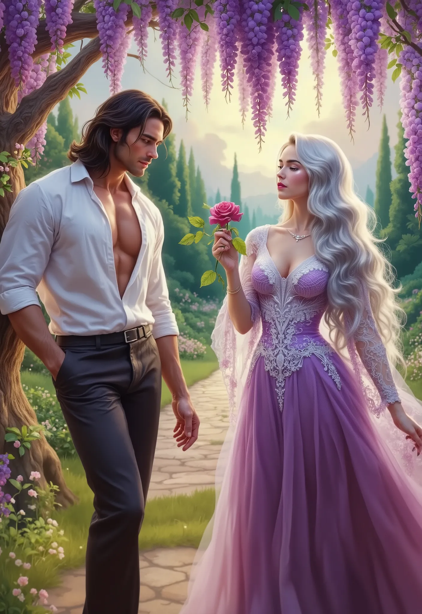Image is a digital artwork depicting a romantic scene set in a lush garden. The composition features a man and a woman standing under a canopy of cascading purple wisteria flowers. The man, with long dark hair and a muscular build, is dressed in a partiall...