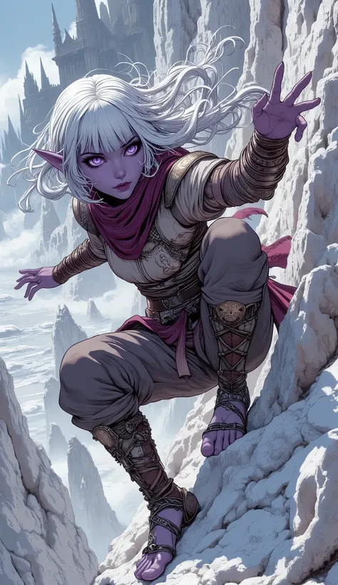 (A fusion of Ukiyo-e and dark fantasy. Aesthetic and gothic digital art. Draw a detailed face. Look away.) BREAK
(White hair. Blunt bangs. White eyebrows. Long white eyelashes. Almond-shaped eyes. Lavender eyes. Dark, thick eyeliner. Small pink lips. Slig...