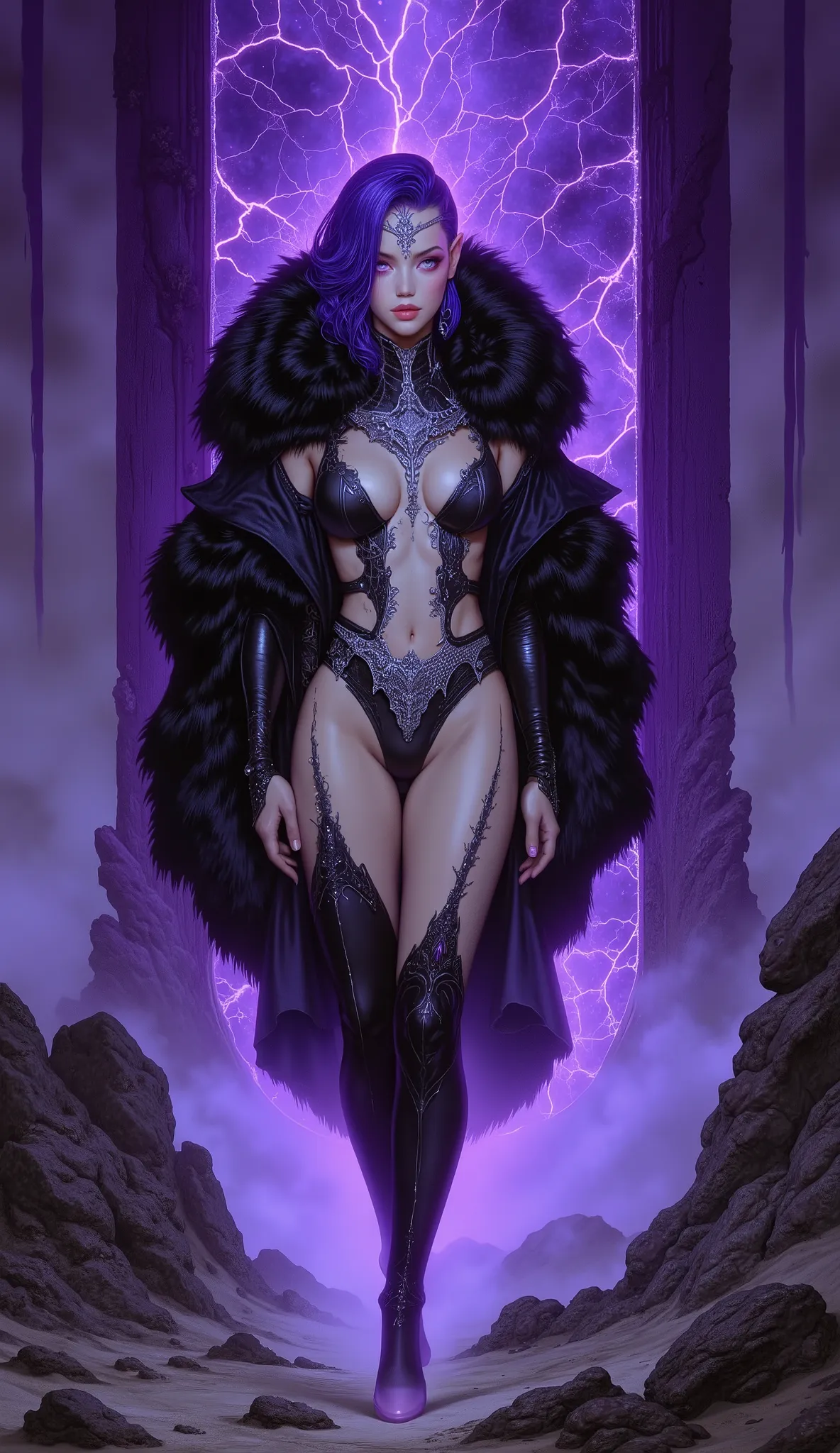 Masterpiece, 8K, UHD, photorealistic cinematic film still. A breathtakingly beautiful fantasy villainess, the epitome of seductive power and dark allure, striding forward with predatory grace and unshakable confidence. She possesses an exquisitely sculpted...