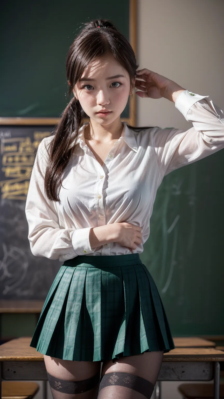 ( top quality, masterpiece, 16 kg,    details 、 beautiful hand skin,    Professional Lighting ) ,｛(( Japanese Women、   Dark Eyes、 College Uniform 、  white dress shirt、Green Plaid Pleated Skirt、Mid-chest,Wore Black Stockings、School Classroom、     chalkboard background、The focus is on her beautiful thighs、ponytail、cute pose to wrap yourself in))}