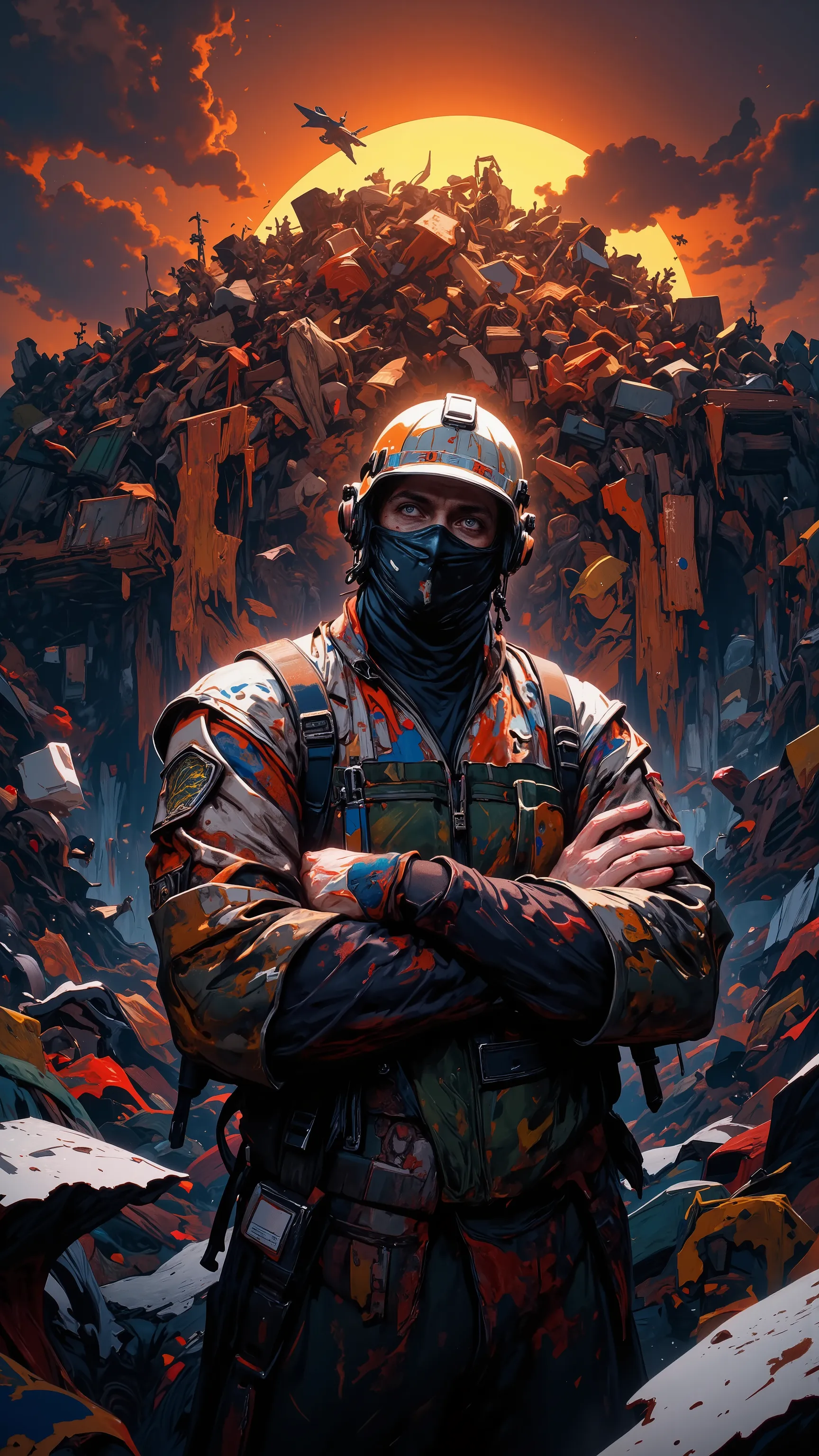 garbage manager sitting on top of a waste mountain illuminated by twilight light。A man wearing a mask and helmet is crossing his arms with a depressed expression。Work clothes are dirty、polluted landscape spreading with garbage trucks behind。ultra-high defi...