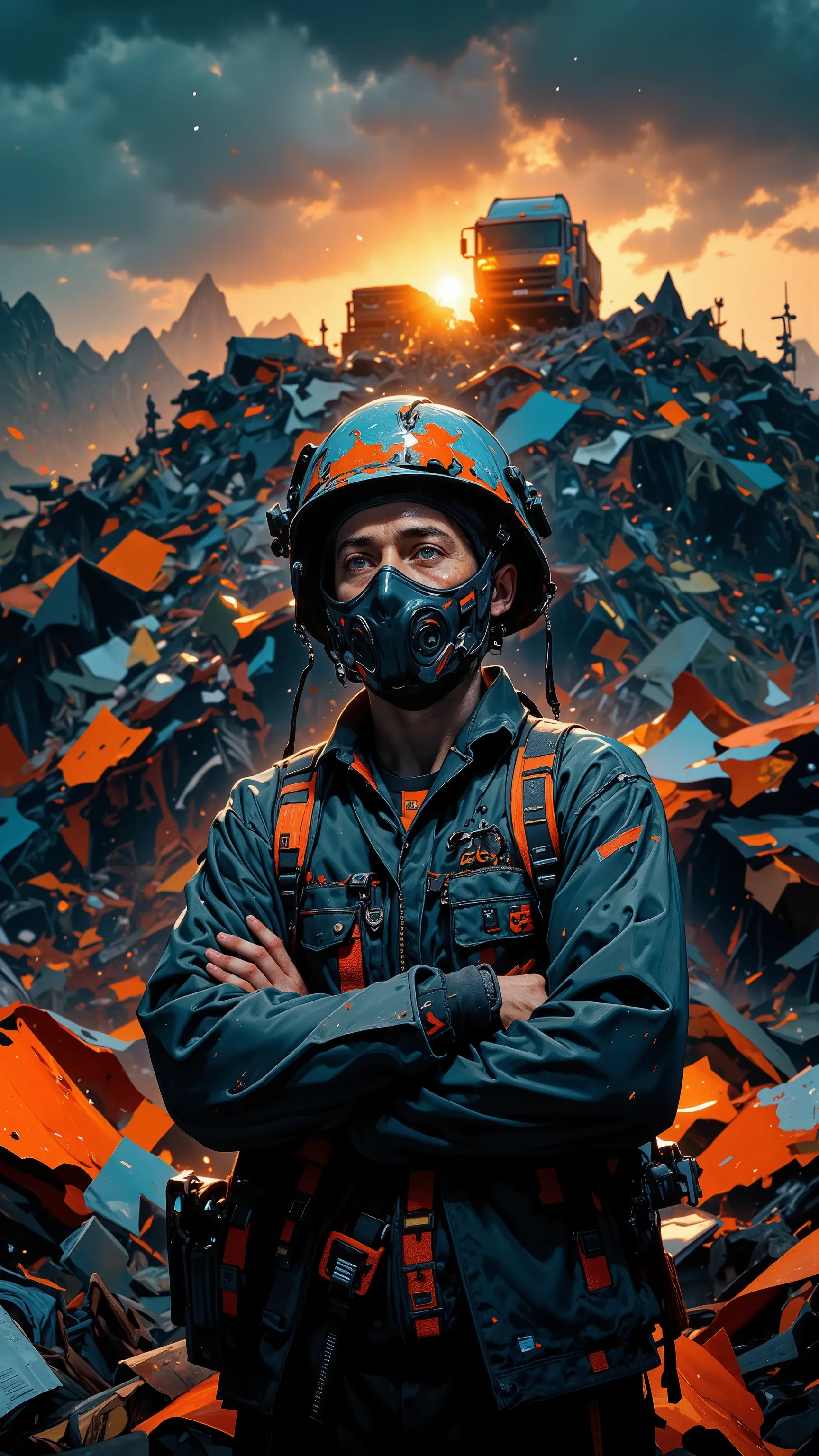 garbage manager sitting on top of a waste mountain illuminated by twilight light。A man wearing a mask and helmet is crossing his arms with a depressed expression。Work clothes are dirty、polluted landscape spreading with garbage trucks behind。ultra-high defi...