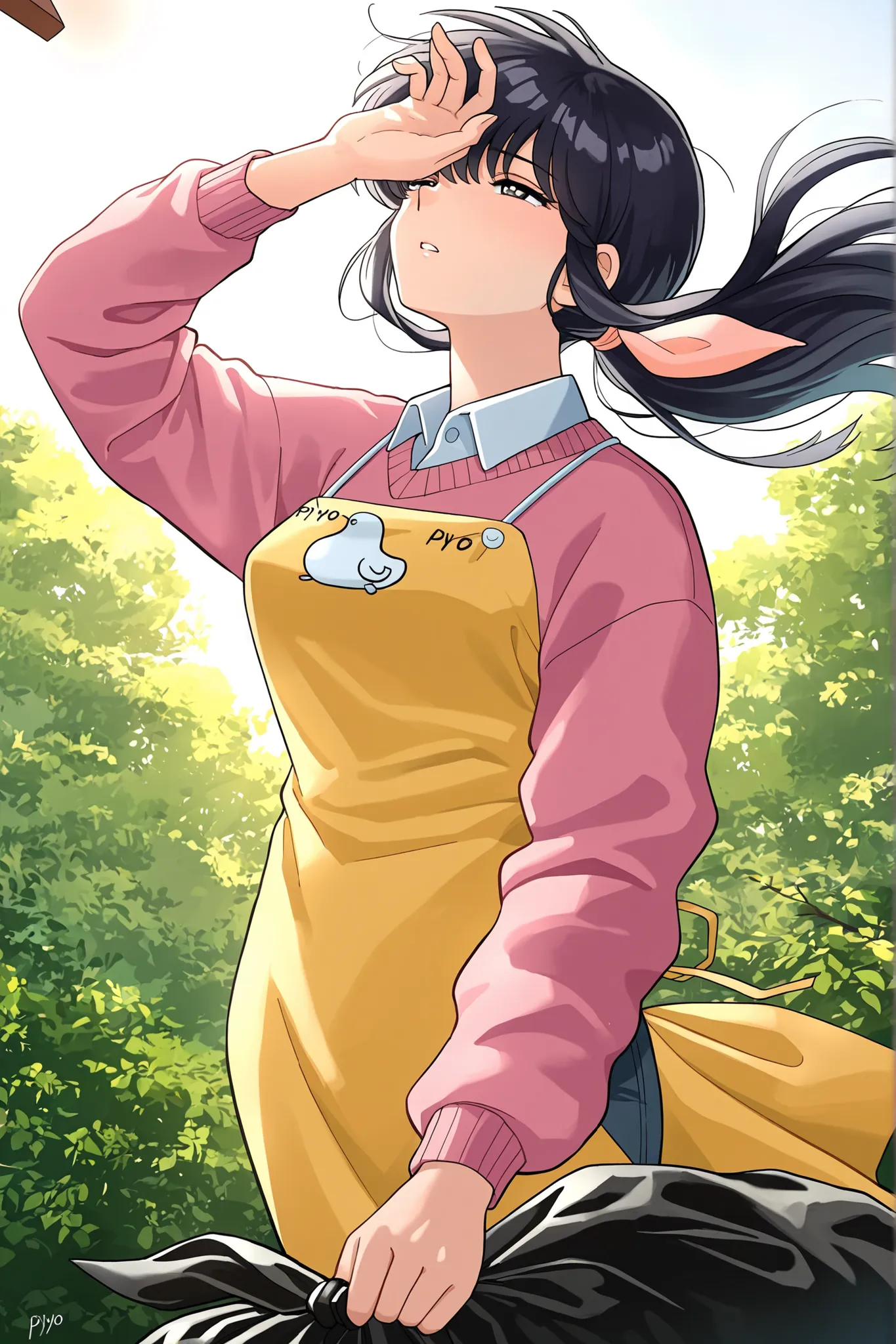  otonashi, masterpiece, best quality, good quality, 1girl, solo, ponytail, hair_ribbon, yellow apron, PIYO PIYO, pink sweater, white collared shirt, in spring, morning, nature, delicate hair, available light, sunlight, slightly backlit morning light, squin...