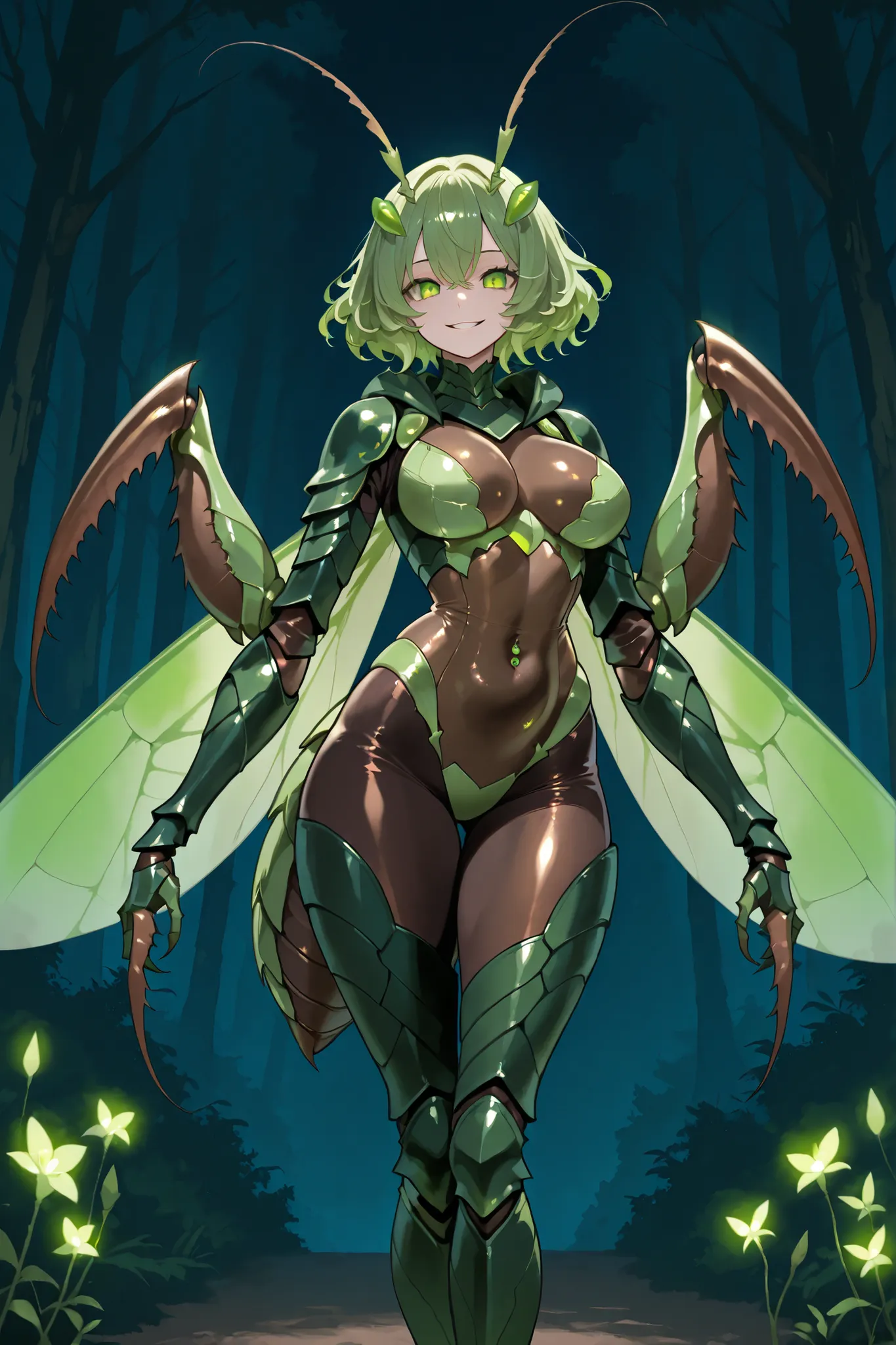 Insect knight girl. Green hair. Short hair. Wavy hair. Compound eye hair accessory. Ironic smile. Green and black armor. Brown bodysuit. Belly button. Insect wings. Mantis claws on arms. Weapon in hand. Sickle. Dark background. Spooky forest. Glowing flowe...