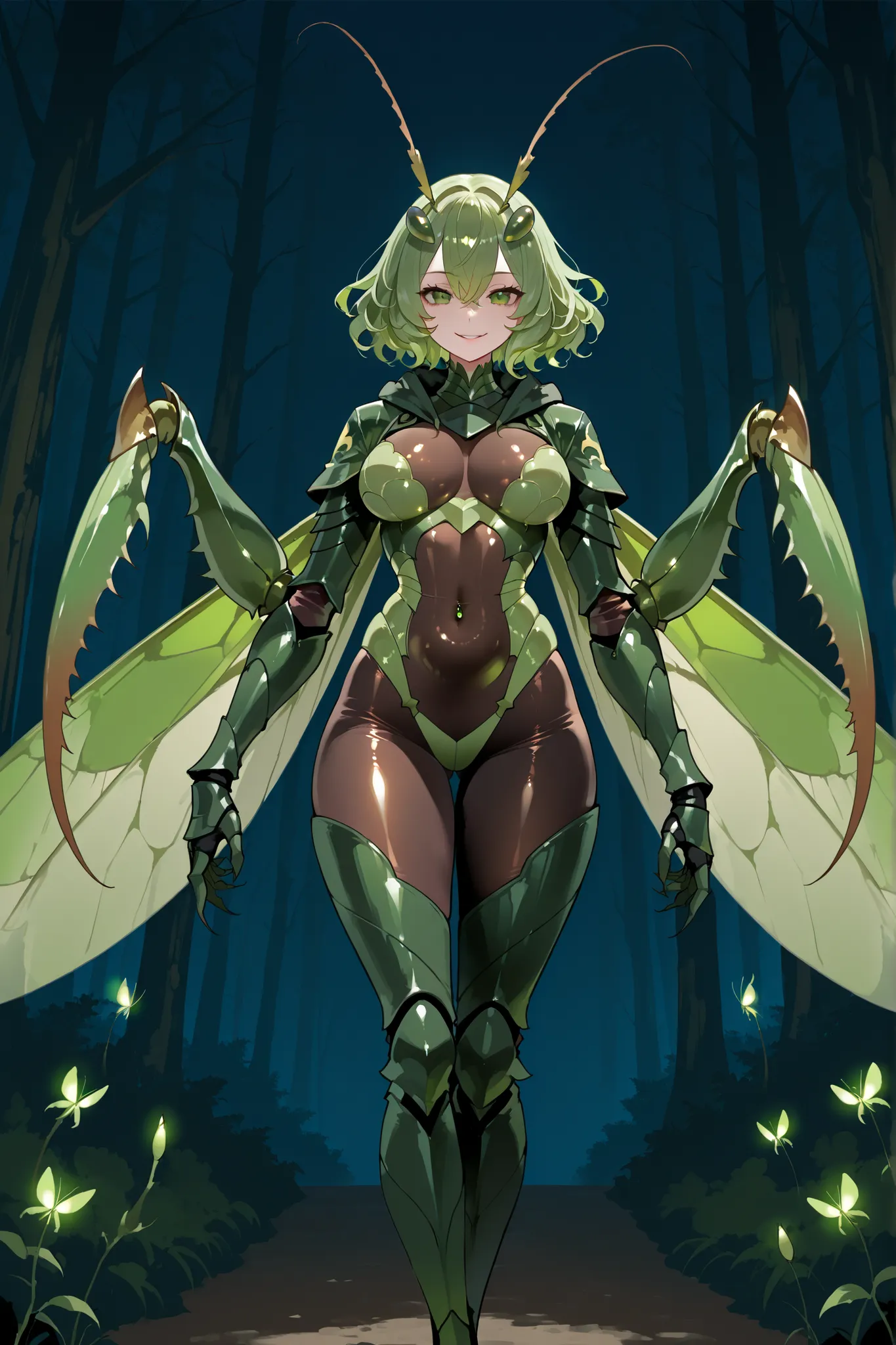 Insect knight girl. Green hair. Short hair. Wavy hair. Compound eye hair accessory. Ironic smile. Green and black armor. Brown bodysuit. Belly button. Insect wings. Mantis claws on arms. Weapon in hand. Sickle. Dark background. Spooky forest. Glowing flowe...