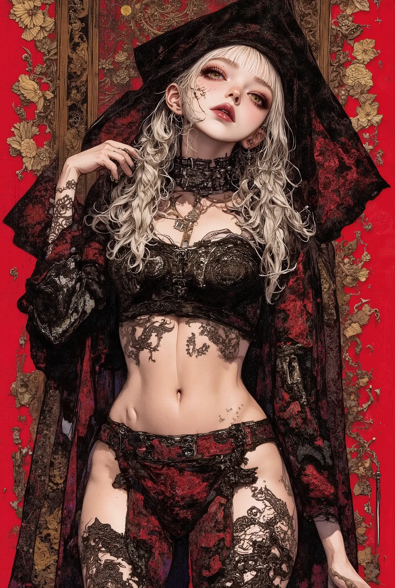 Gothic_girl, (high angle from above), ((top quality)), (super high resolution), (super detailed), Chris Bachalo inspired, exquisite digital illustration, womanhood, Studio Ghibli Dark Fantasy, a tall skinny female elf sorceress, high fashion model goddess ...