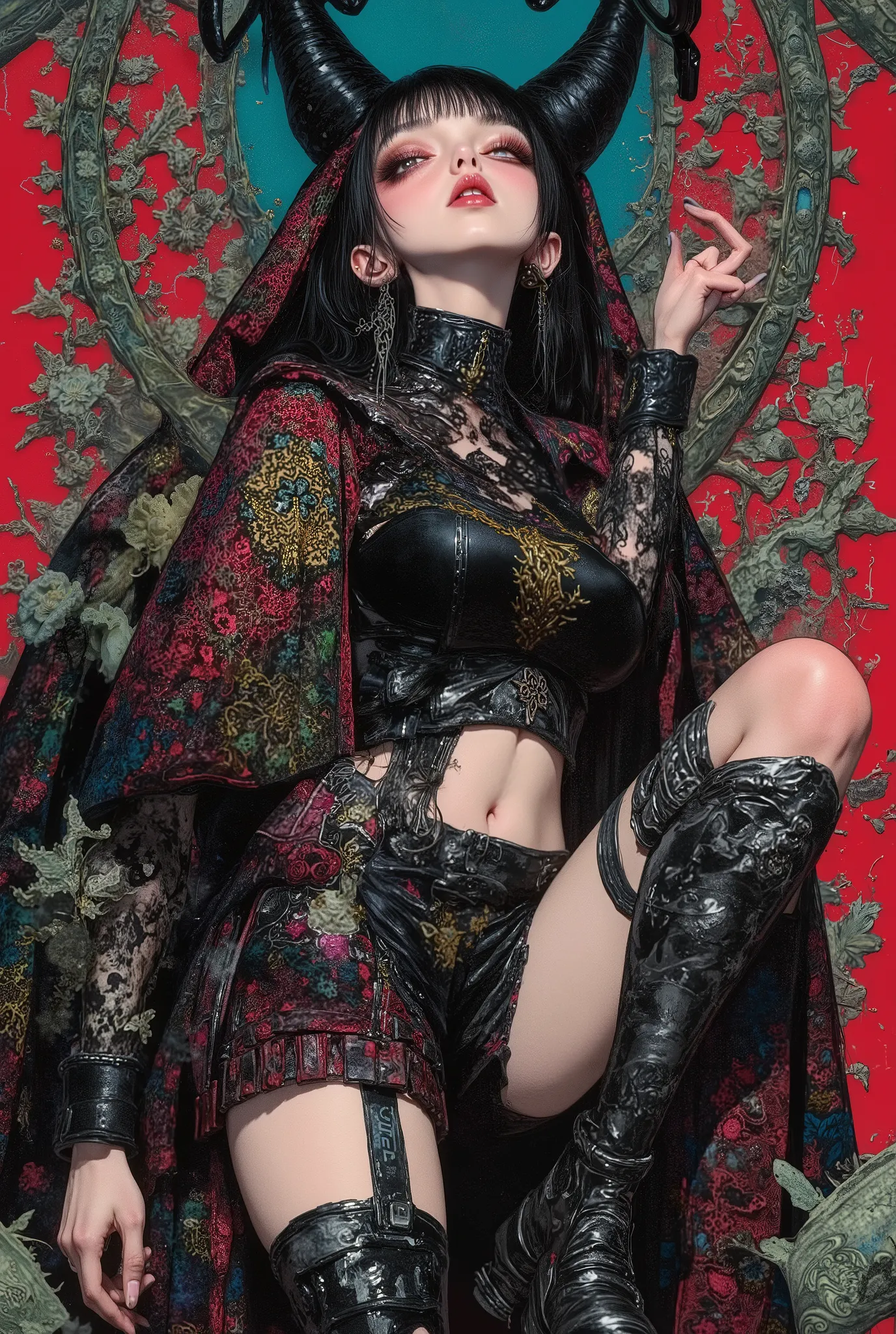 Gothic_girl, (high angle from above), ((top quality)), (super high resolution), (super detailed), Chris Bachalo inspired, exquisite digital illustration, womanhood, Studio Ghibli Dark Fantasy, a tall skinny female elf sorceress, high fashion model goddess ...