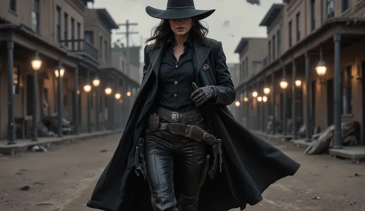 A lone female gunslinger dressed entirely in black stands in the middle of a dusty western street at twilight. She wears a long black leather duster that flows in the wind, black wide-brimmed hat casting a sharp shadow over her face. Twin holsters rest at ...