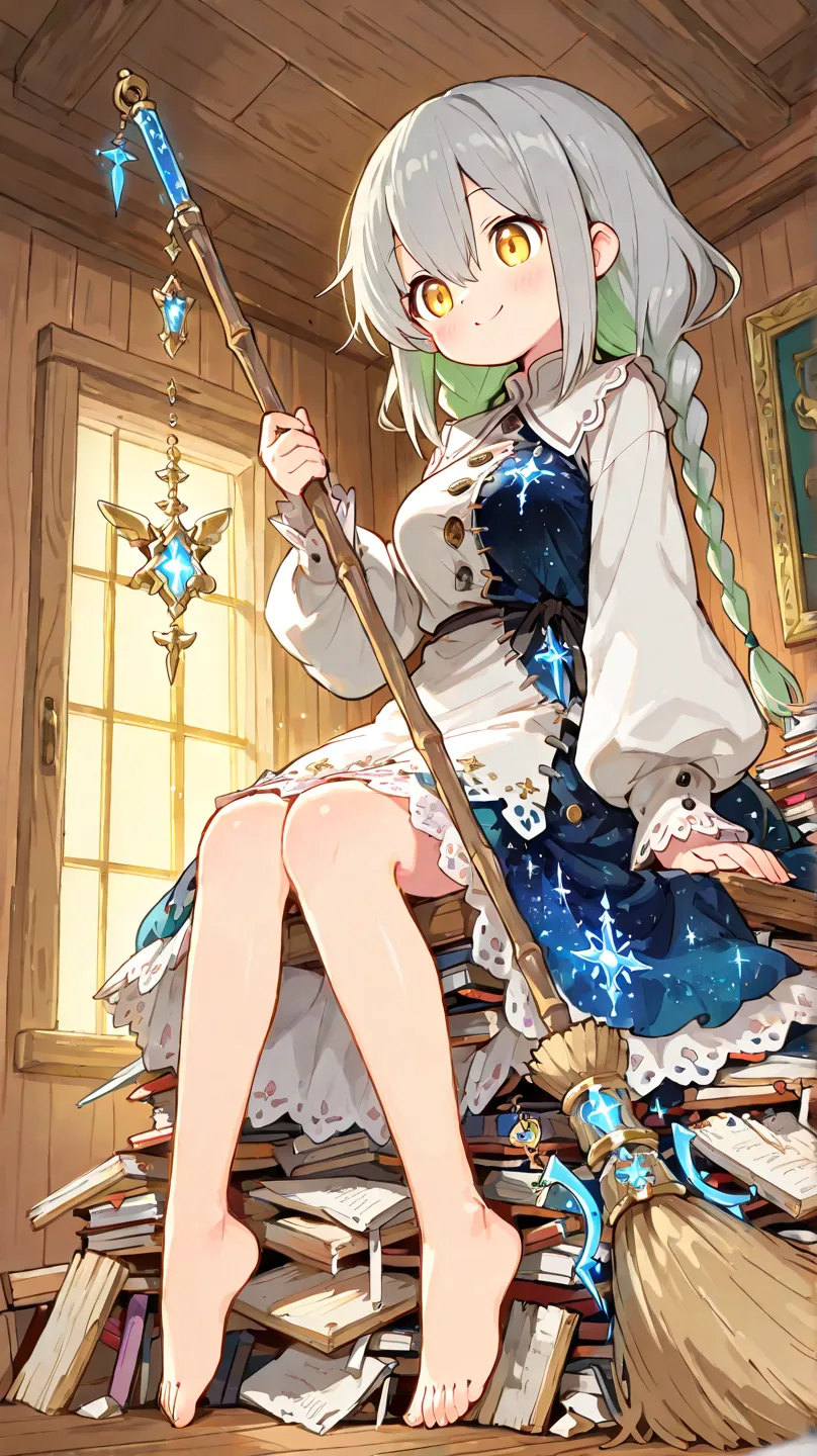 (best quality), (masterpiece), (ultra detailed), 1girl, solo, (cute young girl:1.3), (child-like features:1.2), (celestial garbage collector:1.5), (stardust guardian:1.5), (magical cleaner), (dream fragment collector), (happy expression), (smiling), (gentle look),
(sparkling stardust), (glowing cosmic debris), (shimmering dream fragments), (floating light particles), (pile of whimsical junk:1.3), (antique trinkets), (old mechanical parts), (broken toys with charm), (dusty but magical items),
(sitting on junk pile:1.5), (sitting on pile of curiosities),
(patchwork dress:1.3), (handmade-style dress), (various fabrics sewn together), (slightly short length dress), (raw cut-off hem), (decorated with old lace), (adorned with vintage buttons), (braids), (bare feet),
(holding magical broom:1.3), (glowing dustpan), (collecting stars), (returning light to cosmos), (transforming debris into beauty),
(warm wooden room:1.5), (cozy interior), (wooden walls), (wooden floor), (shelves filled with curiosities), (soft glow), (fantasy lighting), (ethereal atmosphere), (large breasts)