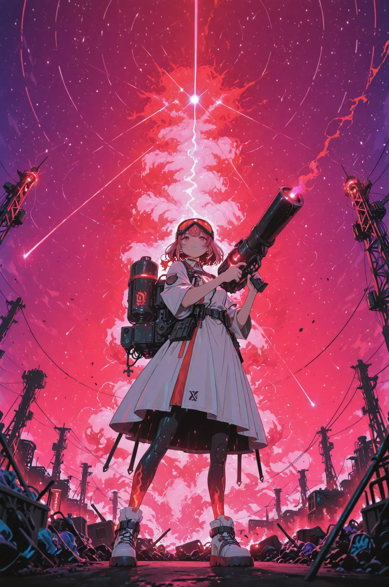 an intense anime girl in a futuristic sanitation uniform aiming a massive incineration cannon at the sky, meteor-like trash falling from orbit above her, glowing trails streaking across the atmosphere, her stance steady and focused, surrounded by warning l...