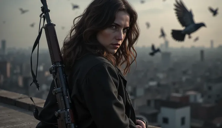 Side shot of Luce, full body, standing firmly on the edge of the rooftop. Her face is partially lit by the last light of day. The rifle hangs at her side, heavy, unused. In the background, the distant city fades into fog. Pigeons fly past her silently. The...