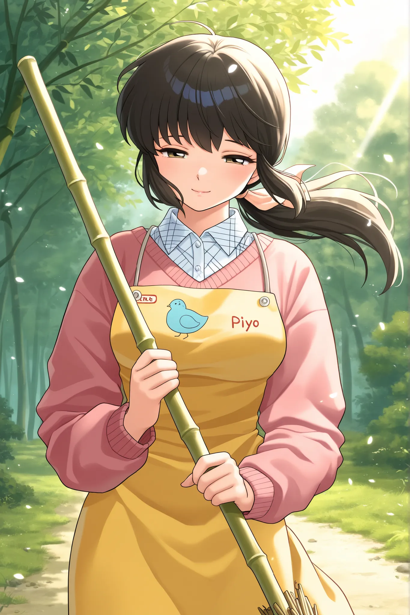  otonashi, masterpiece, best quality, good quality, 1girl, solo, smiling, ponytail, hair_ribbon, yellow apron, PIYO PIYO, pink sweater, white collared shirt, in spring, morning, nature, sunlight, delicate hair, available light, squinting, hair swinging in ...