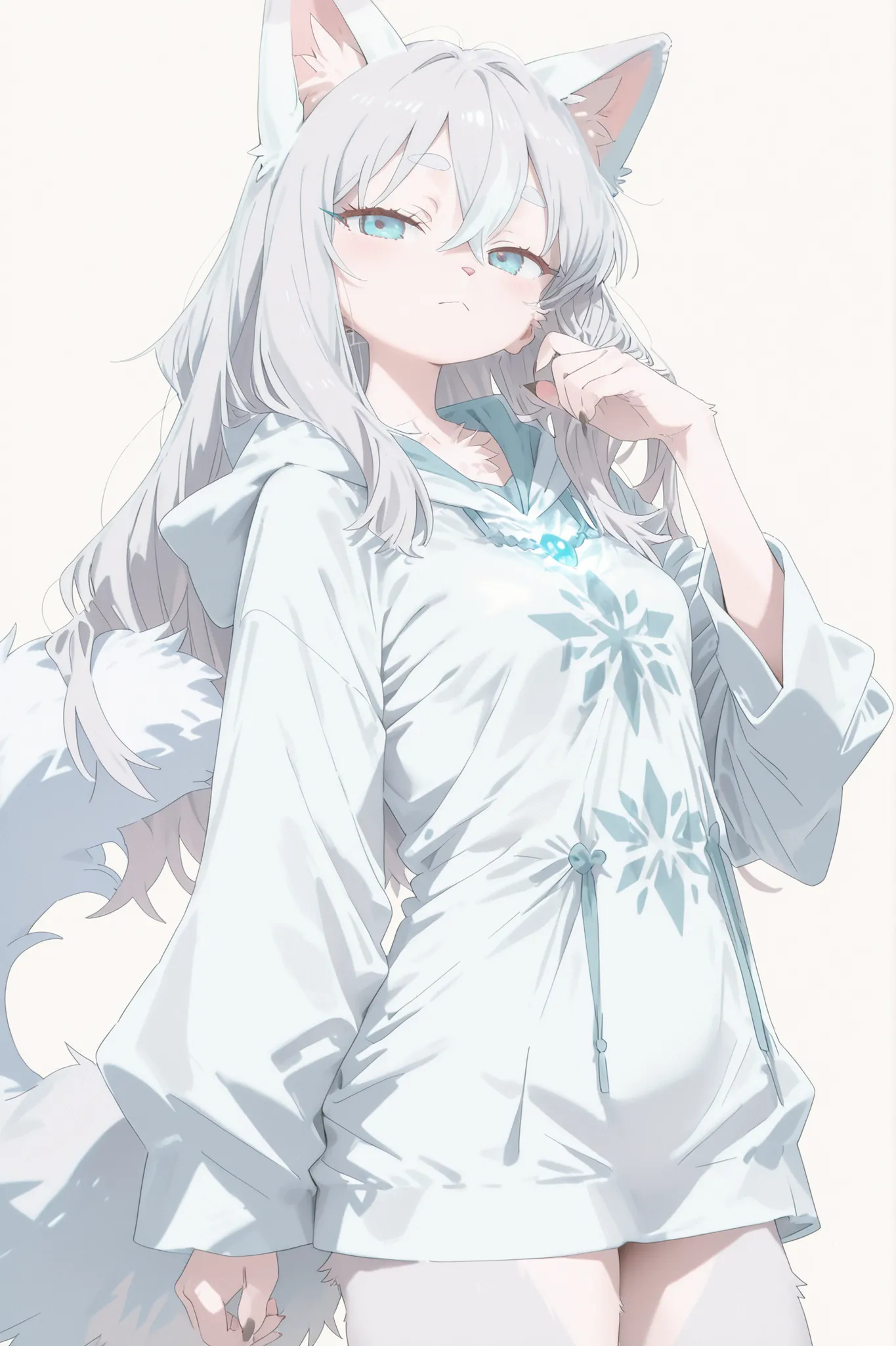 Kemono,furry, kemono style, arctic fox, female, long wavy silver hair, icy blue eyes, white fur with grey spots, pink nose, fantasy robe, no pants, long fluffy tail, silver eyebrows, slim body, medium ears, glowing effects on hair and tail,
