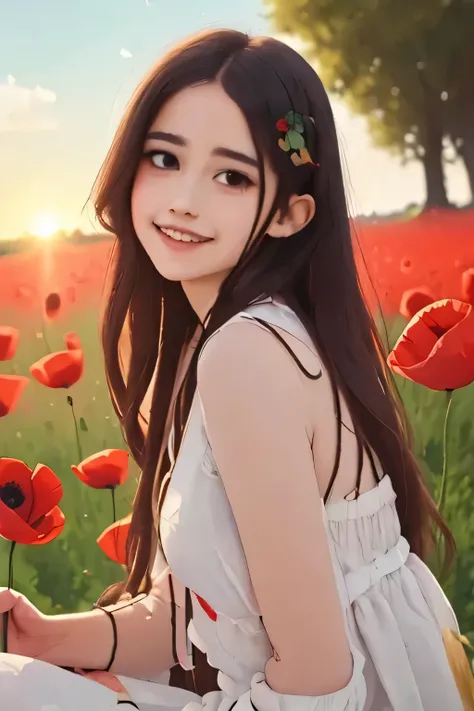 A tranquil field of red poppies sways gently in a summer breeze. The flowers seem to caress the air, each leaning in a different direction, like whispering souls. In the background, the sunset sky dissolves into layers of peach, lilac, and deep blue, with ...