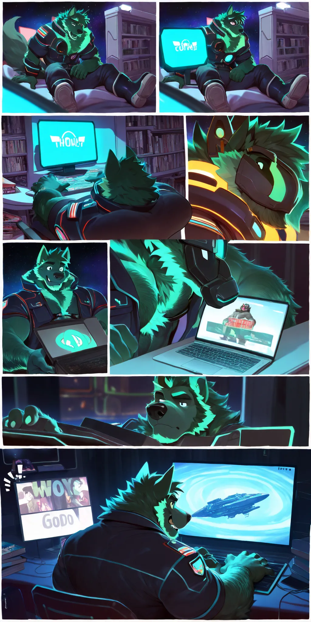Eleventh of fourteen werewolves from Dyne's harem is a computer hacker! Futuristic uniform, thin, hairy beast, male, wolf man, medium build, werewolves from outer space! masterpiece, best quality, amazing quality, null-ghost, laptop, soda, bedroom, magazin...