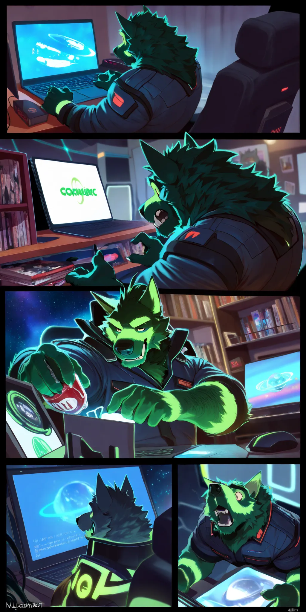 Eleventh of fourteen werewolves from Dyne's harem is a computer hacker! Futuristic uniform, thin, hairy beast, male, wolf man, medium build, werewolves from outer space! masterpiece, best quality, amazing quality, null-ghost, laptop, soda, bedroom, magazin...