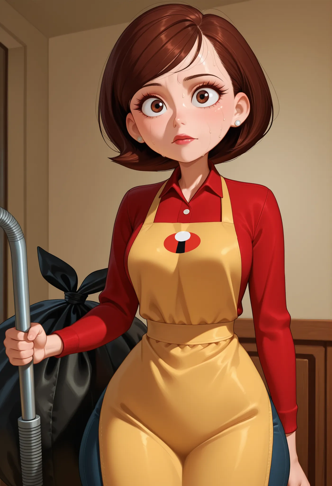 Helen Parr , mature female, medium hair, Bob_cut, brown hair, brown eyes, big eyes, long eyelashes, medium breasts, narrow waist, thick thighs, huge hips, fair skin, thin hands, earrings, makeup, pink lips, lipstick.|  top quality、anime style、masterpiece、i...