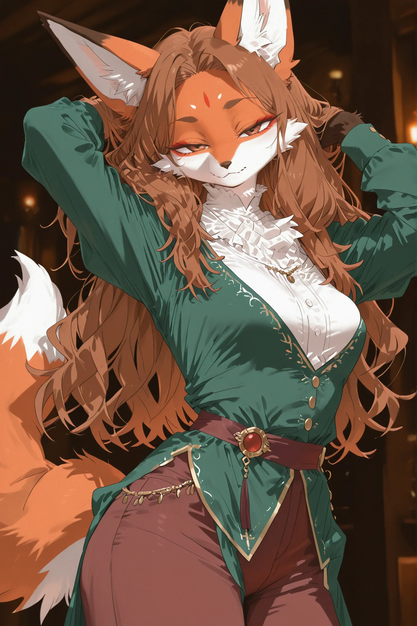 Kemono,furry, female, fox species, kemono style, medium-length hair, wavy hair, hair color: silver, fur color: orange with white chest, eye color: emerald green, nose color: dark brown, eyebrow color: silver, ear color: orange with white inner fur, ear len...