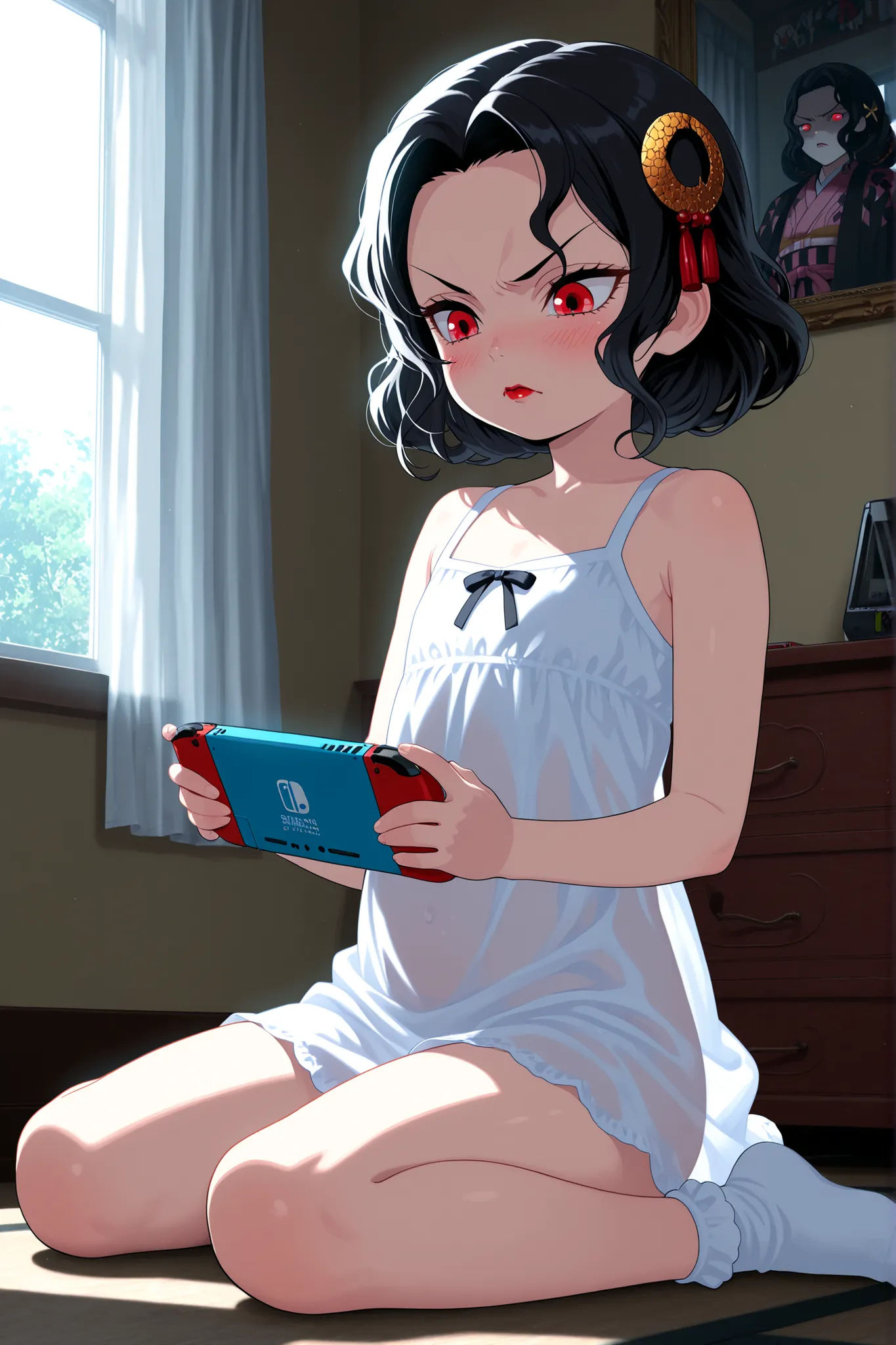 kibutsuji_muzan_(female),black_hair,hair_ornament,red_eyes,red_lips,toddler,flat chest,blush,angry,sundress,bobby_socks,no panties,see-through_silhouette,huge_window,curtains,day,loaded_interior,Livingroom,wariza,holding handheld game console, nintendo swi...