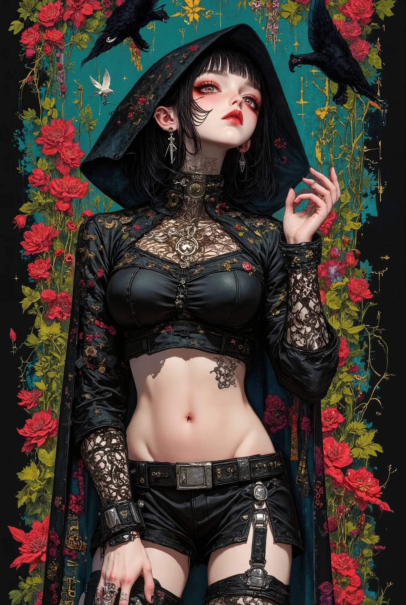 Gothic_girl, ((top quality)), (super high resolution), (super detailed), Chris Bachalo inspired, exquisite digital illustration, womanhood, Studio Ghibli Dark Fantasy, a tall skinny female elf warrior, high fashion model goddess with a bad attitude, emotio...