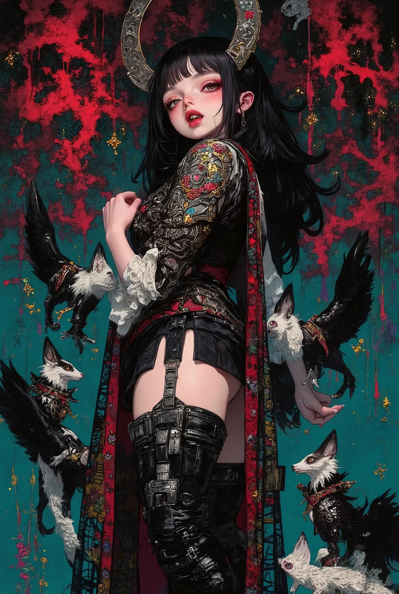 Gothic_girl, ((top quality)), (super high resolution), (super detailed), Chris Bachalo inspired, exquisite digital illustration, womanhood, Studio Ghibli Dark Fantasy, a tall skinny female elf warrior, high fashion model goddess with a bad attitude, emotio...