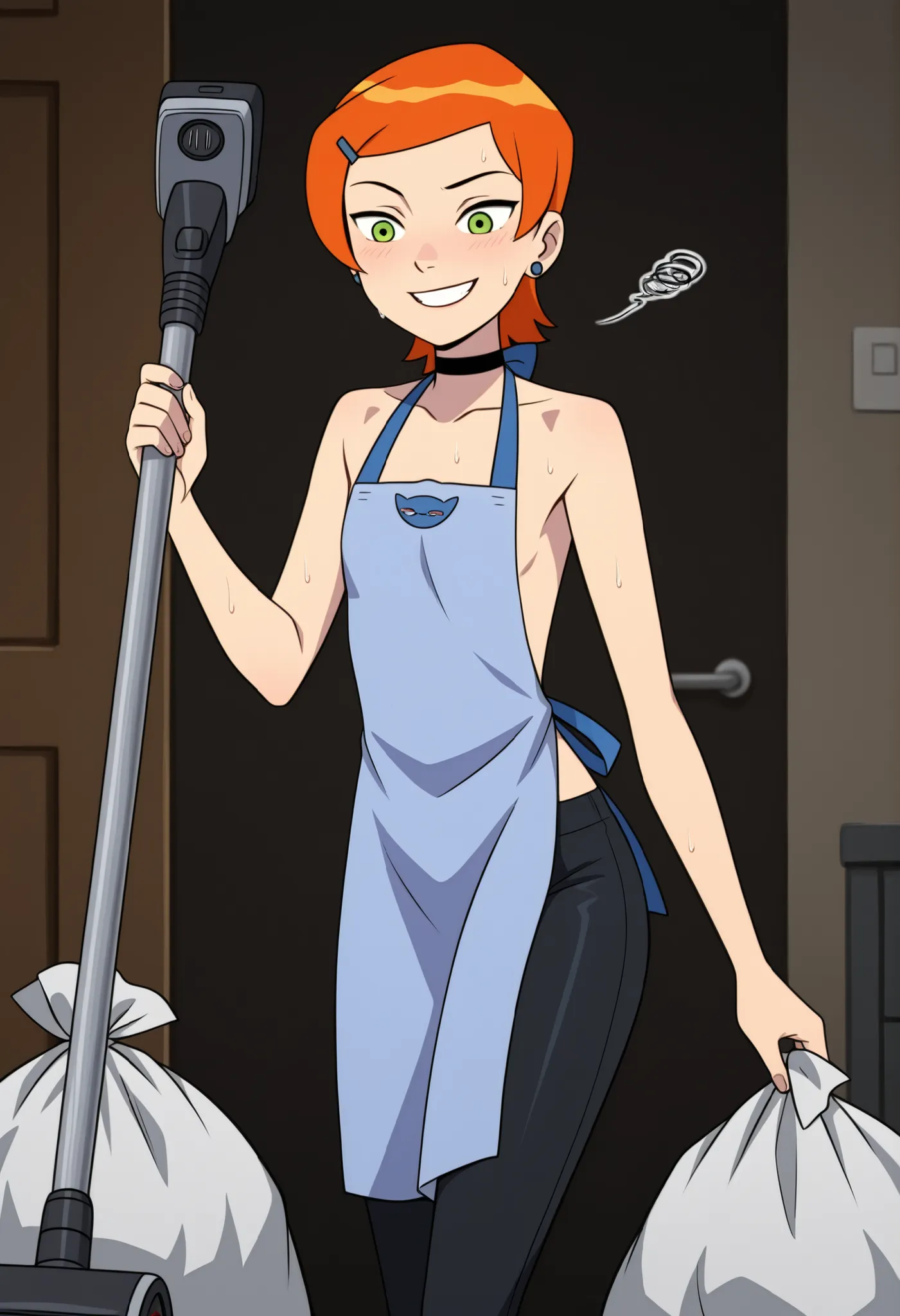 Gwen Tennyson . ginger . short hair . green eyes . flat breasts, flat chest, huge hips . slim body . choker . | top quality、anime style、masterpiece、is carrying a vacuum cleaner and a trash bag and runs around with all her might、The room is completely dirty...