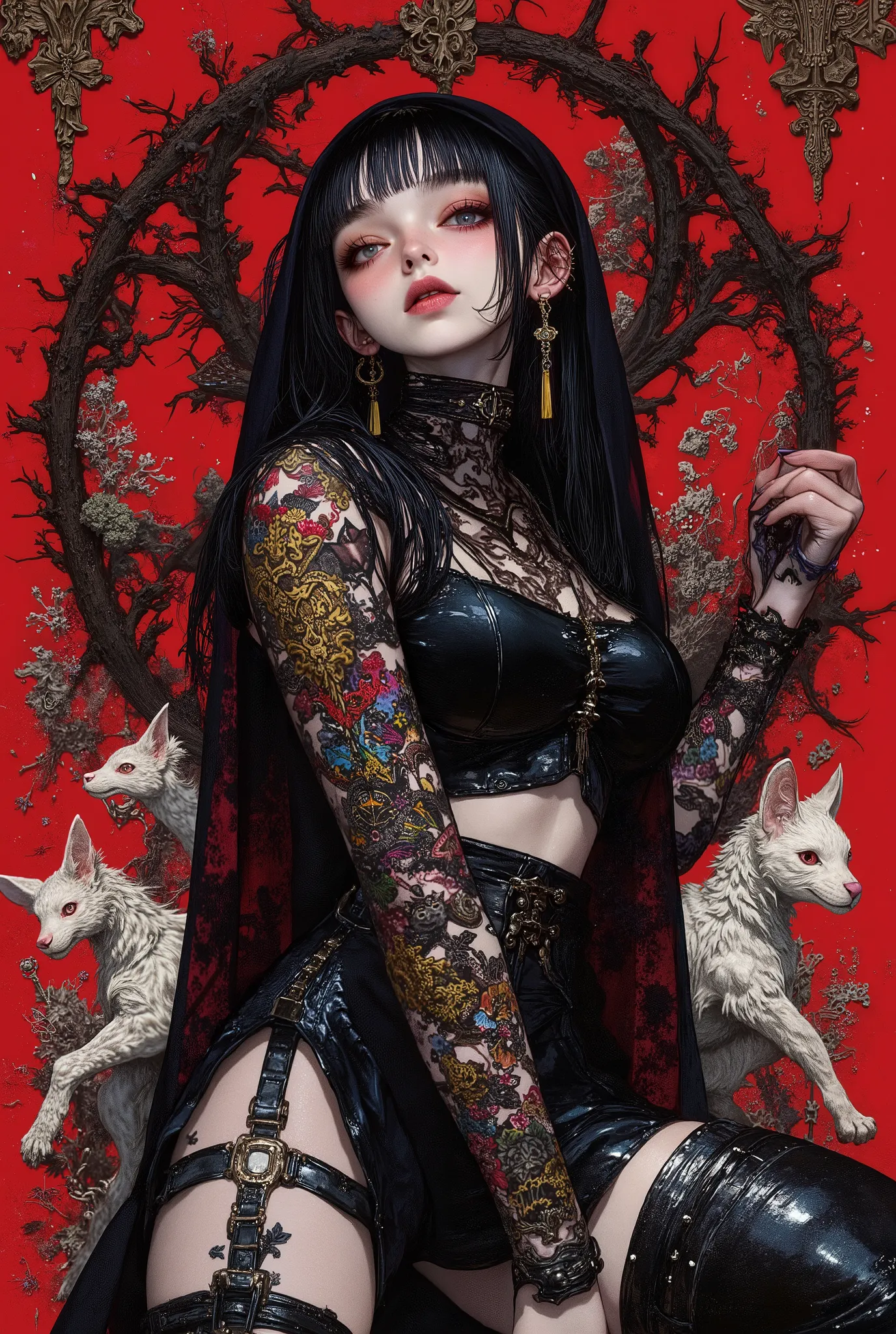 Gothic_girl, ((top quality)), (super high resolution), (super detailed), Chris Bachalo inspired, exquisite digital illustration, womanhood, Studio Ghibli Dark Fantasy, a tall skinny female elf warrior, high fashion model goddess with a bad attitude, emotio...