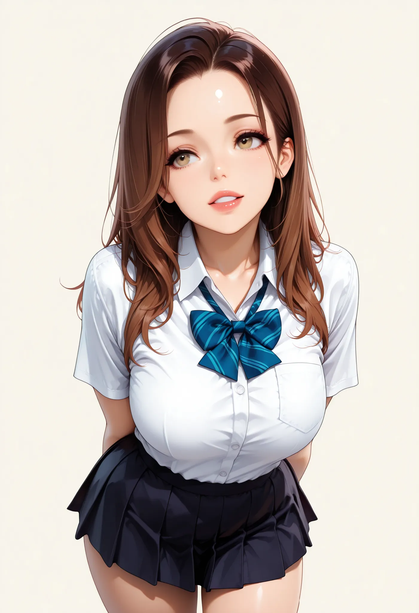 Semi realistic, JK, 1 woman, Gal:1.4, Laughter, solid background, brown hair, School Uniform, shirt, Bowtie, miniskirt, photogenic, ultra high resolution, (top quality:1.2, CG illustration, masterpiece:1.2, Best Aesthetics),