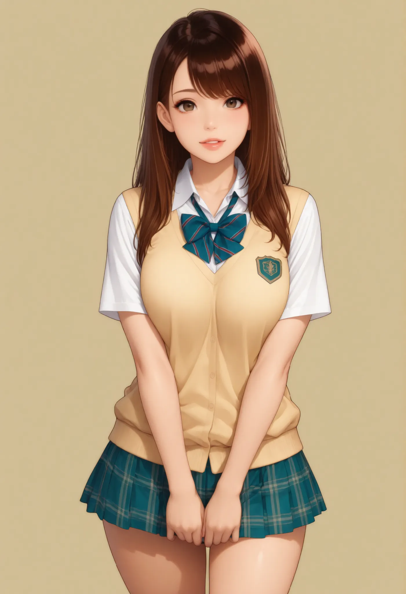 Semi realistic, JK, 1 woman, Gal:1.4, Laughter, solid background, brown hair, School Uniform, shirt, Bowtie, miniskirt, photogenic, ultra high resolution, (top quality:1.2, CG illustration, masterpiece:1.2, Best Aesthetics),