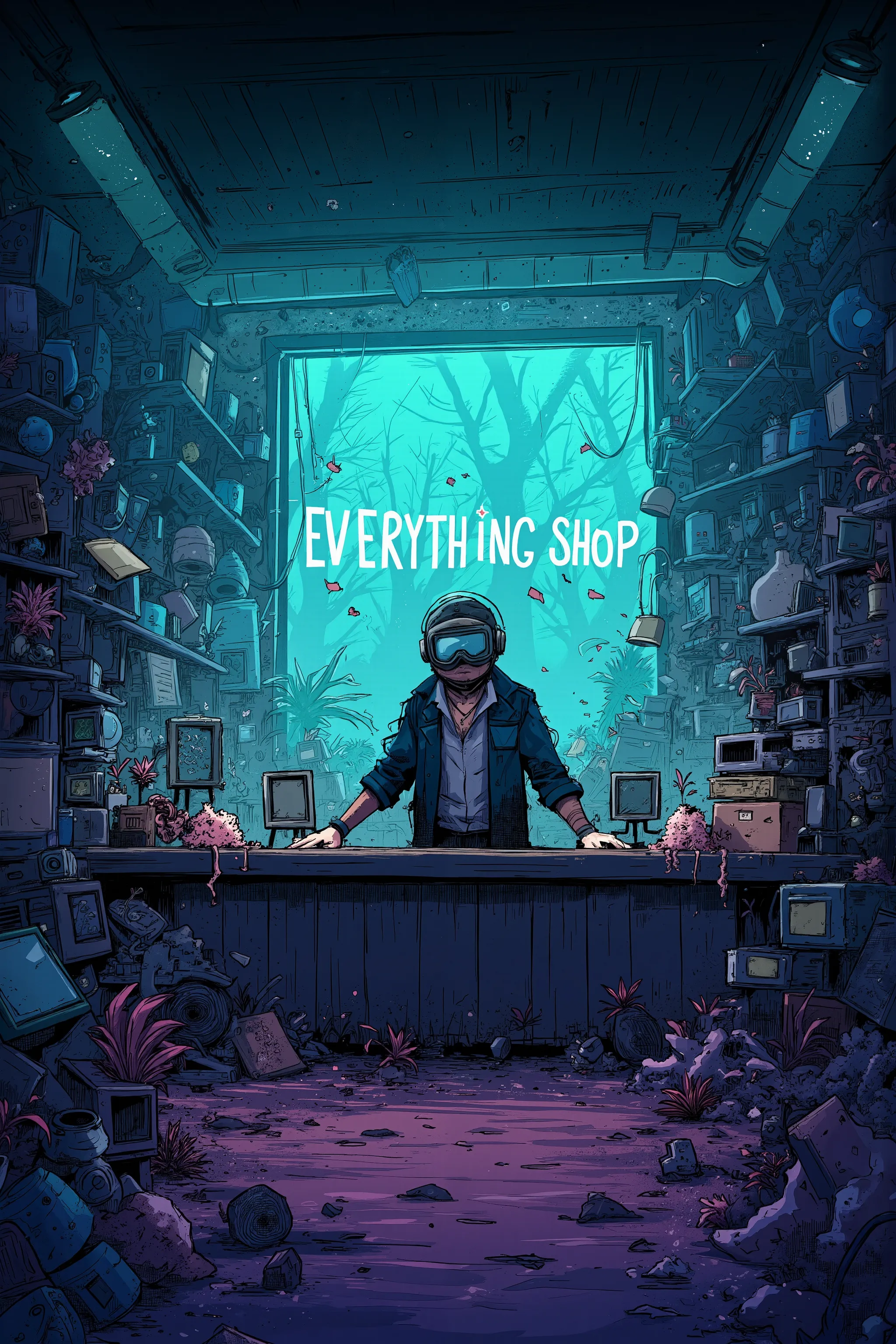  Tom from Everything Shop  , His store is full of 々 stuff  ,  discarded electronics  ,junk, Daily necessities ,  Strange Plants  ,  Tom is wearing a helmet and goggles Stand on the other side of the counter,  ultra realistic composition   ,     surreal sty...