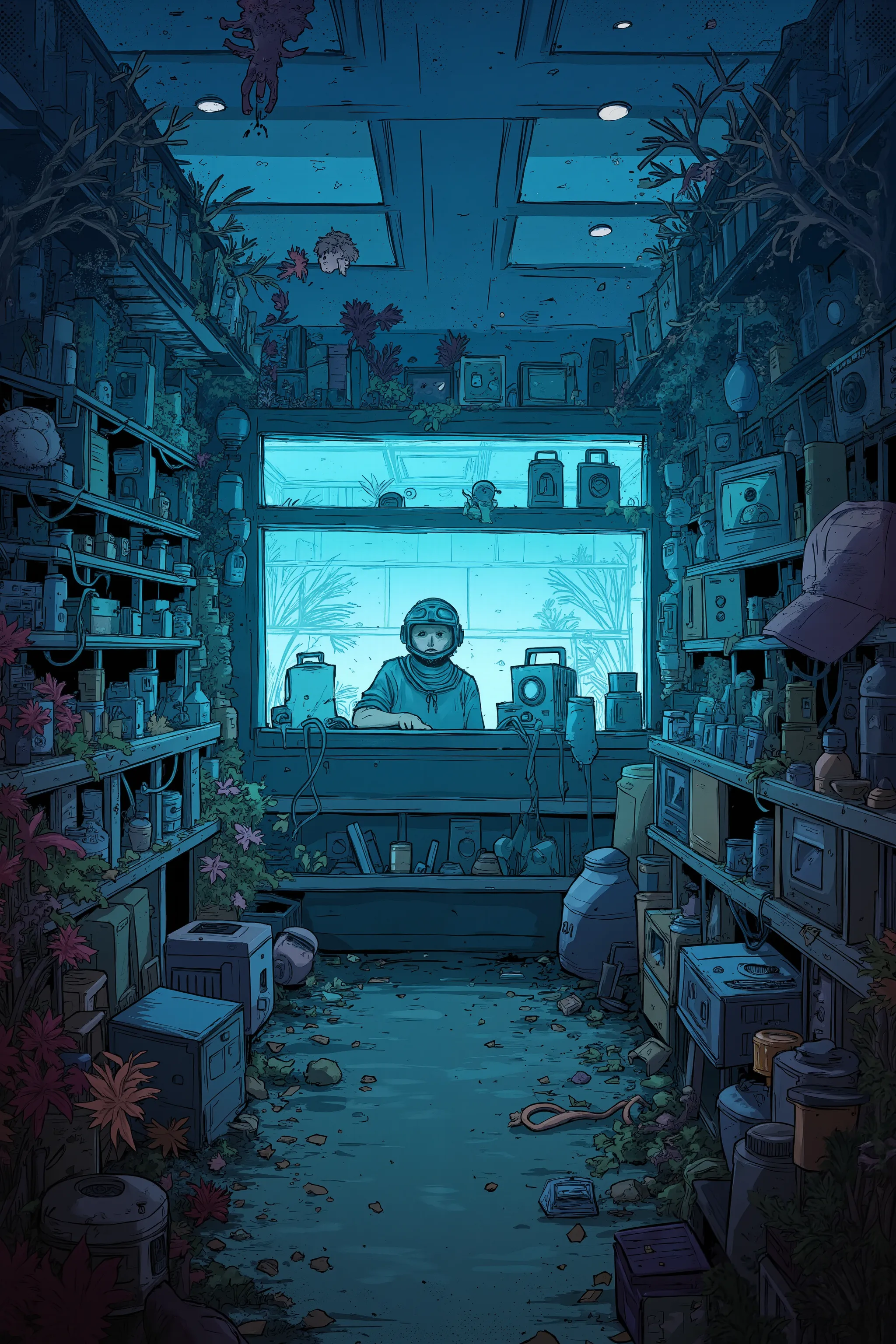  Tom from Everything Shop  , His store is full of 々 stuff  ,  discarded electronics  ,junk, Daily necessities ,  Strange Plants  ,  Tom is wearing a helmet and goggles Stand on the other side of the counter,  ultra realistic composition   ,     surreal sty...